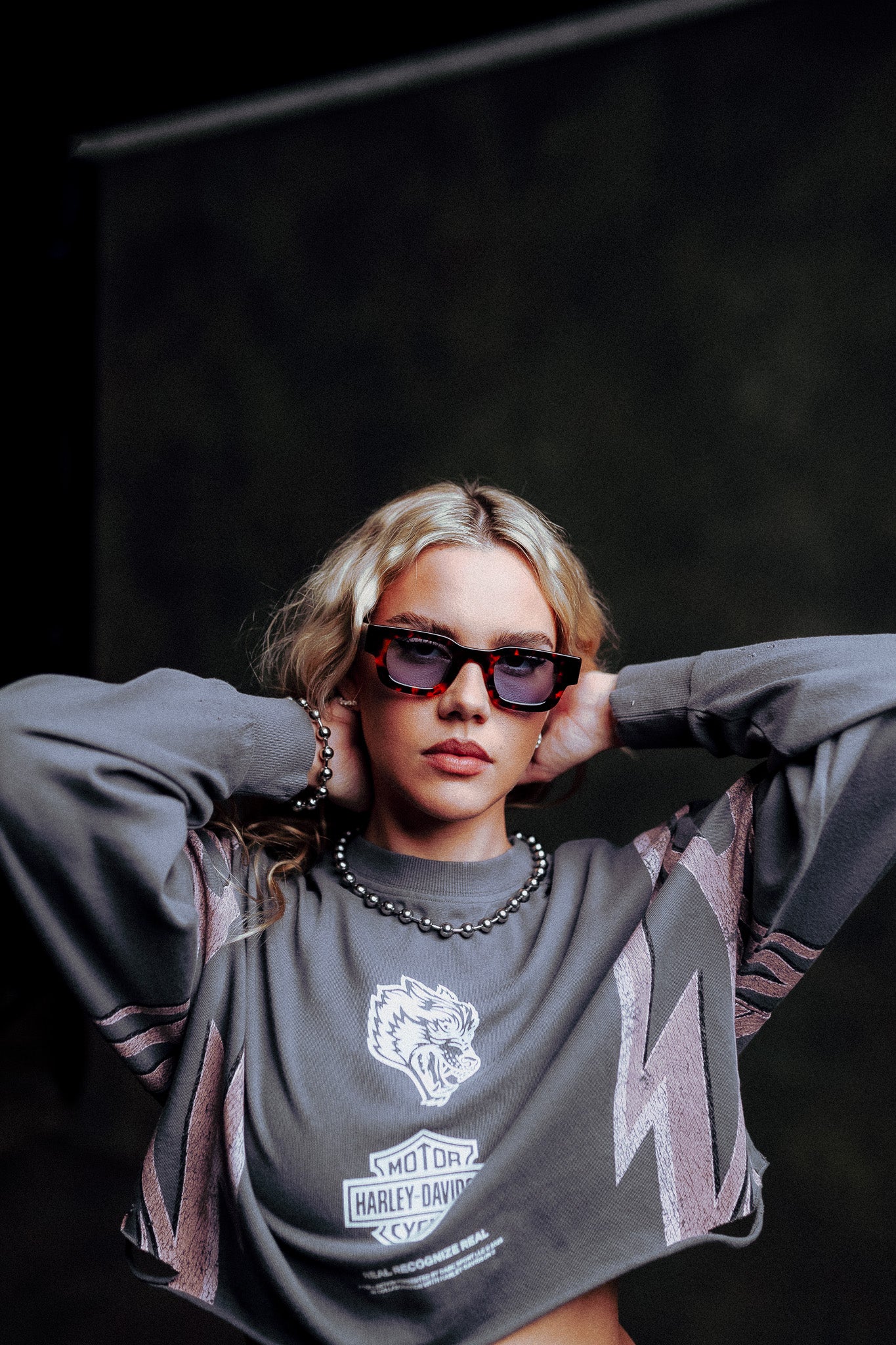 Real Recognize Real Distressed Oversized Cropped L/S Tee in Slate Gray - Image 2