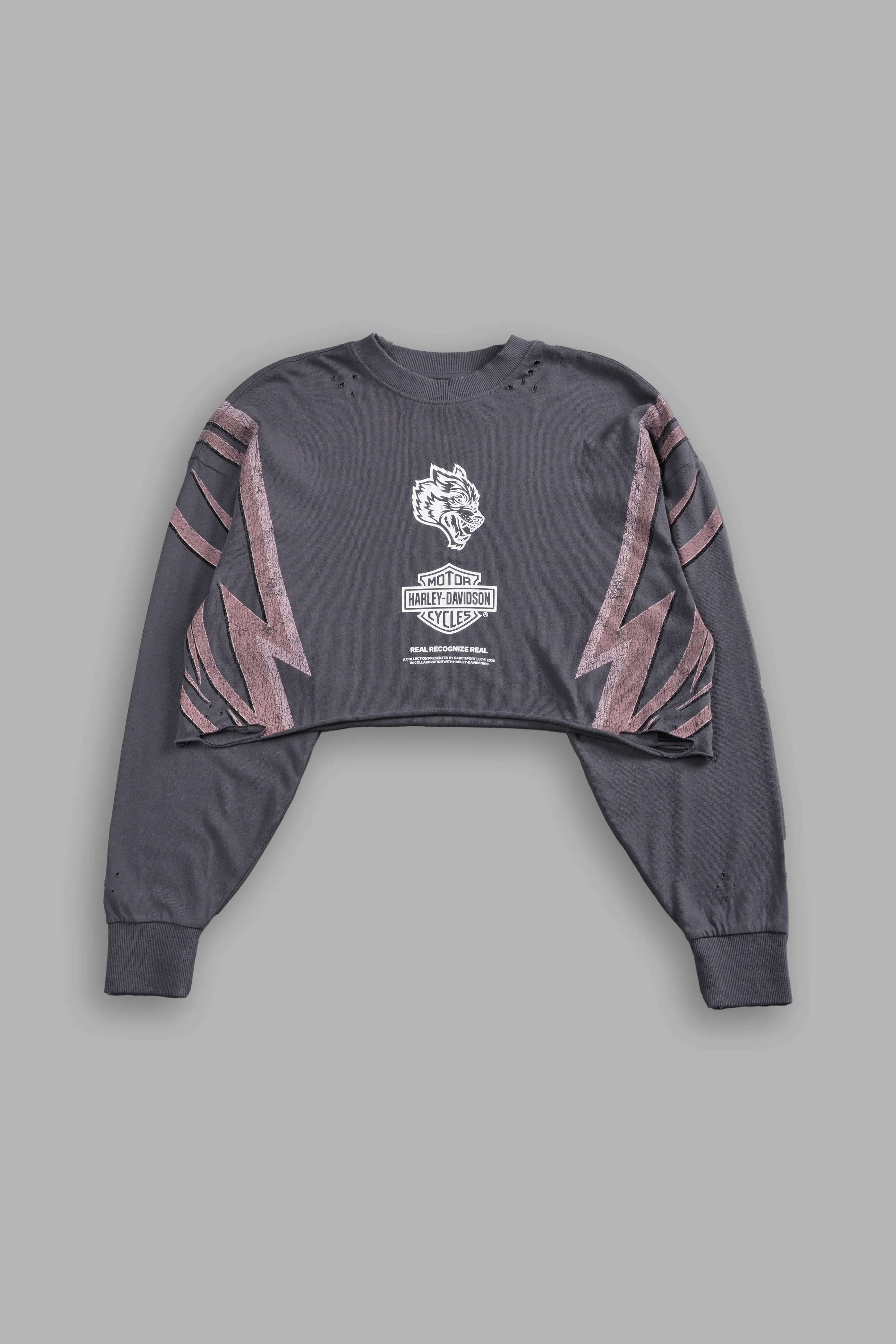 Real Recognize Real Distressed Oversized Cropped L/S Tee in Slate Gray - Image 3