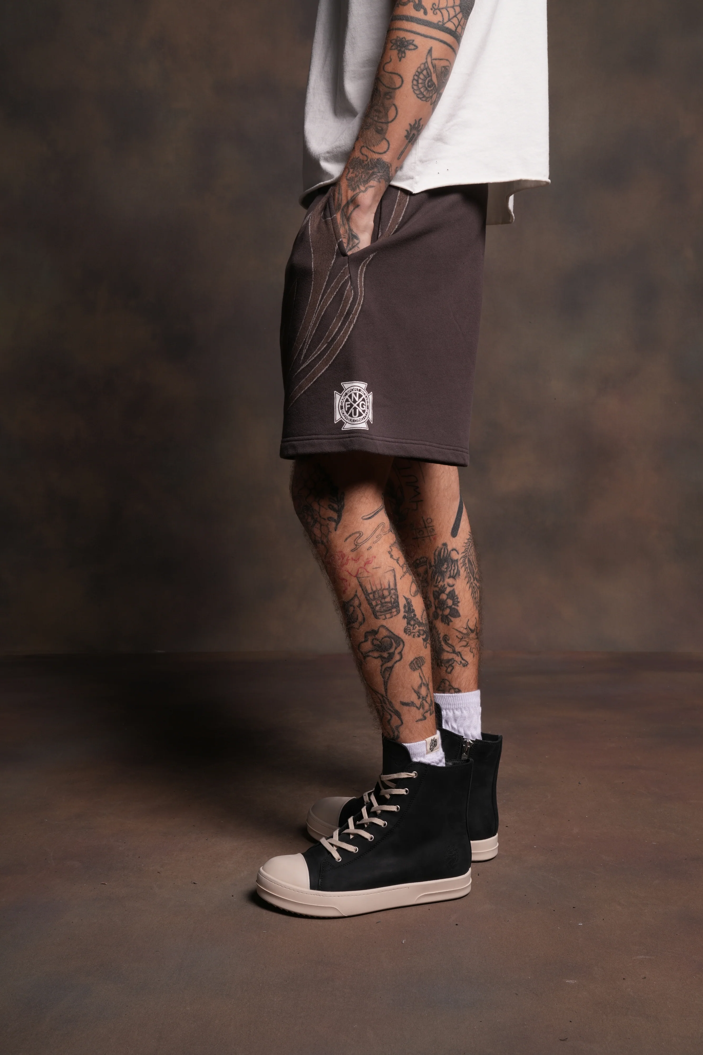 Real Recognize Real Unisex Oversized Post Lounge Sweat Shorts V2 in Darc Brown Drift Wash - Image 8