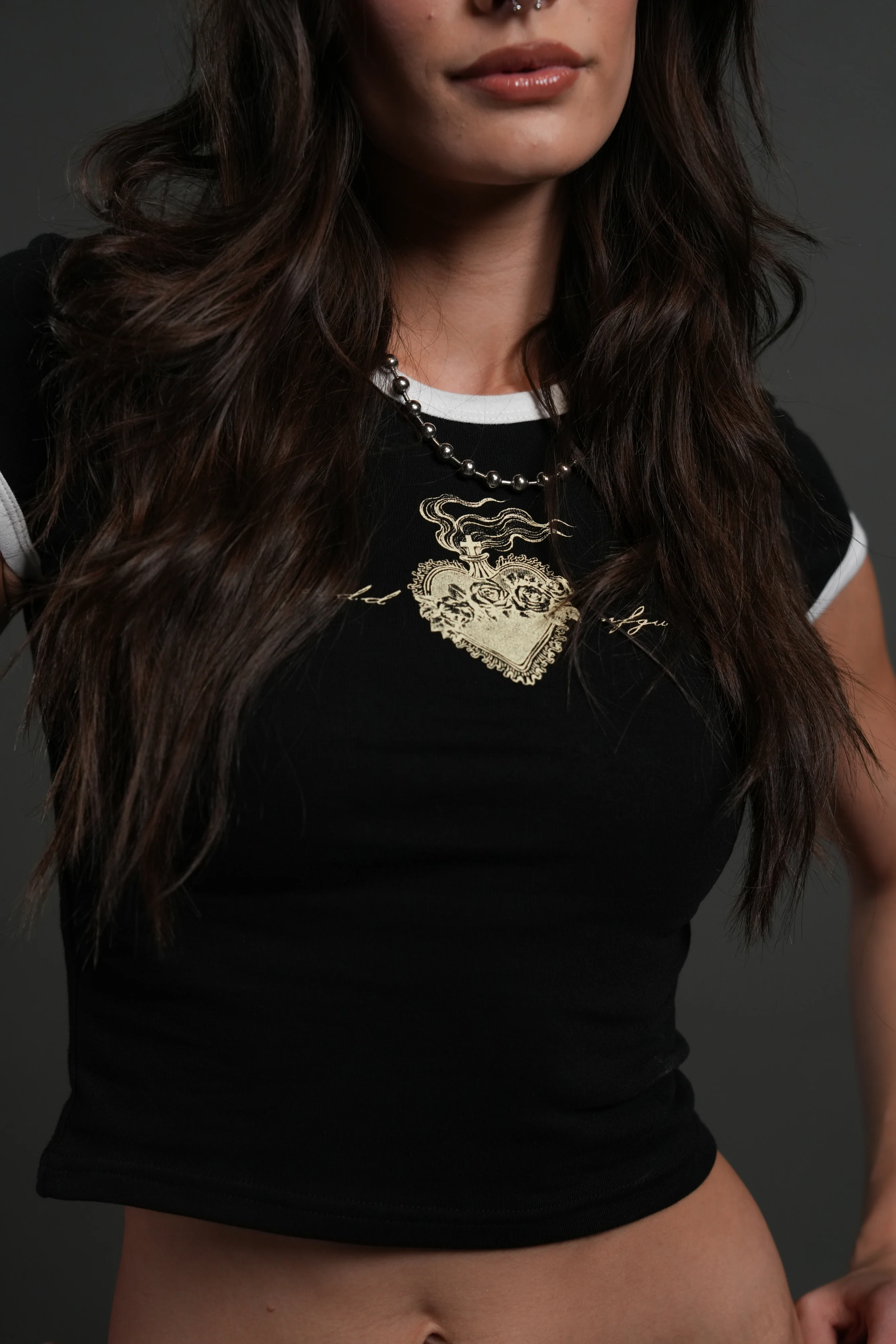 Sacred Flame Ringer "Baby" Tee in Black/White - Image 3