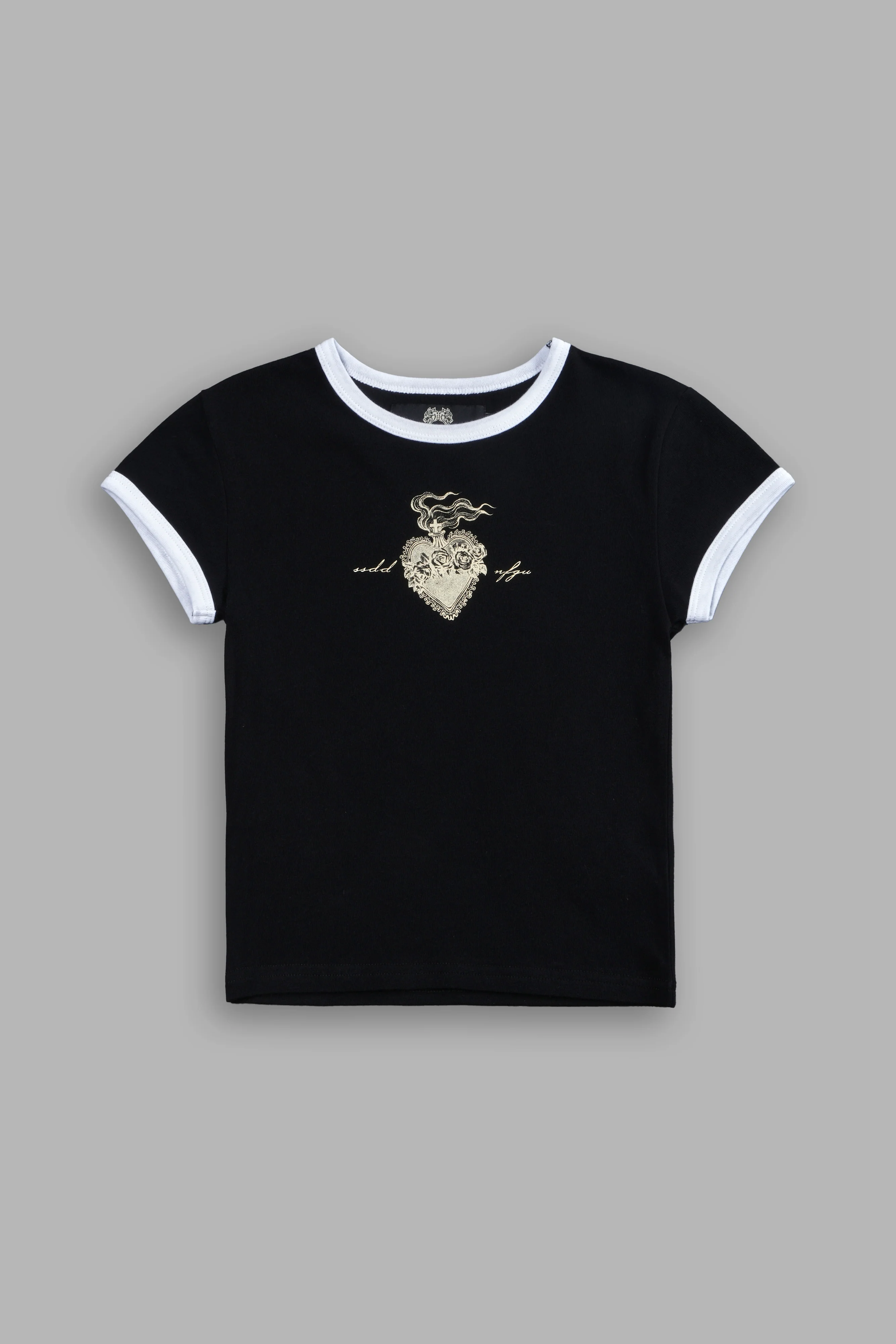 Sacred Flame Ringer "Baby" Tee in Black/White - Image 5