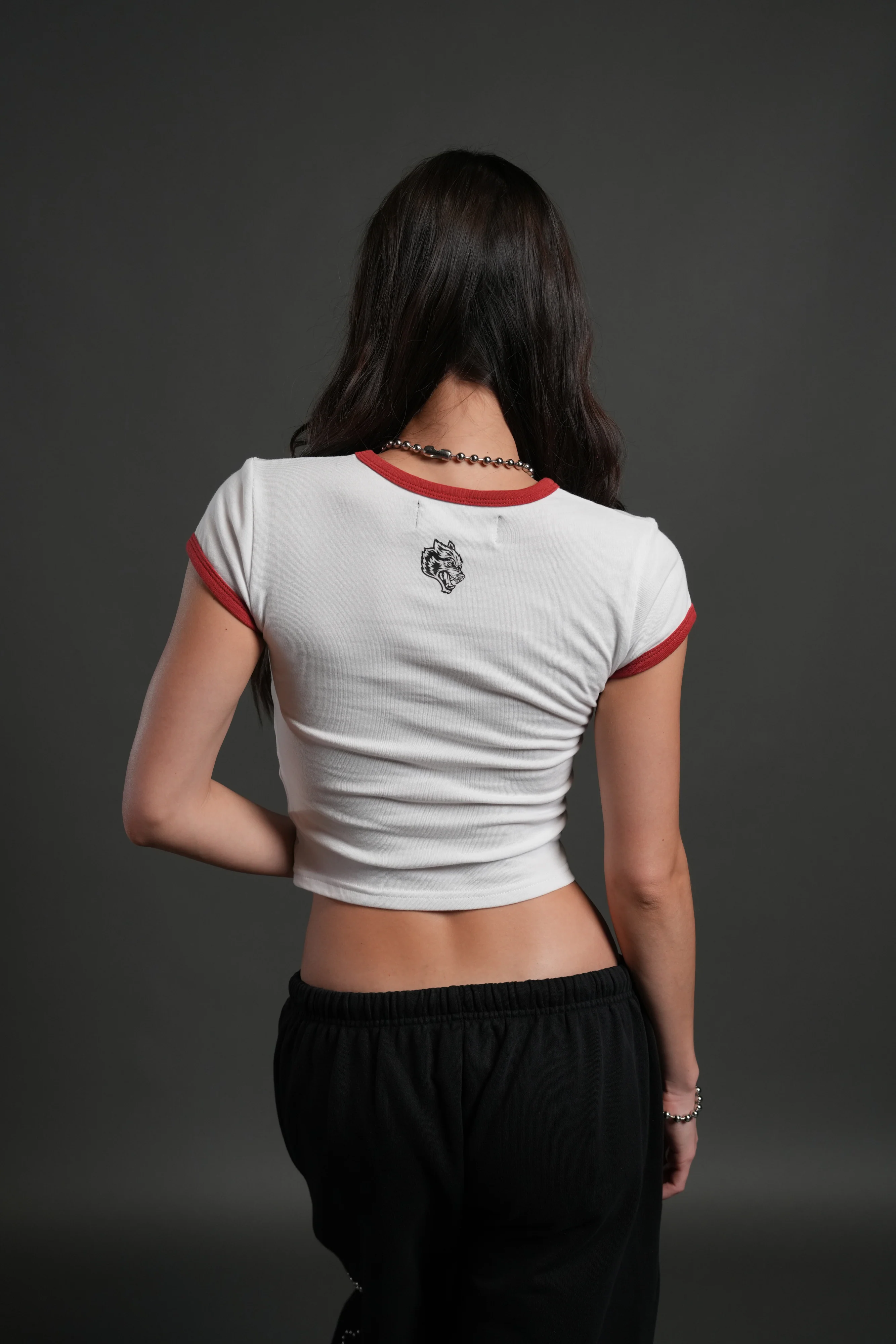 Sacred Flame Ringer "Baby" Tee in White/Roman Red - Image 2
