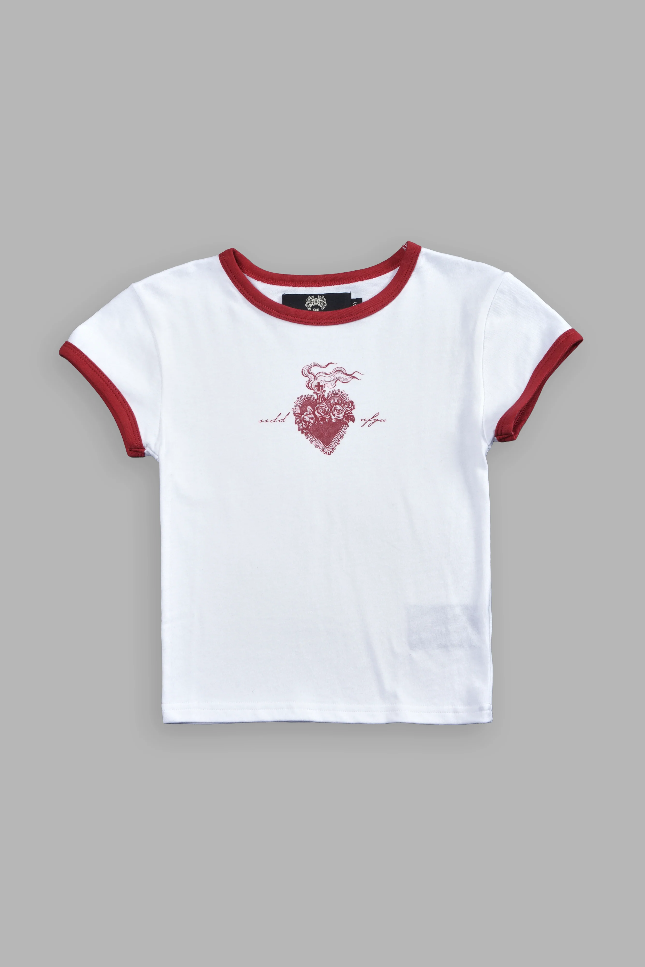 Sacred Flame Ringer "Baby" Tee in White/Roman Red - Image 5