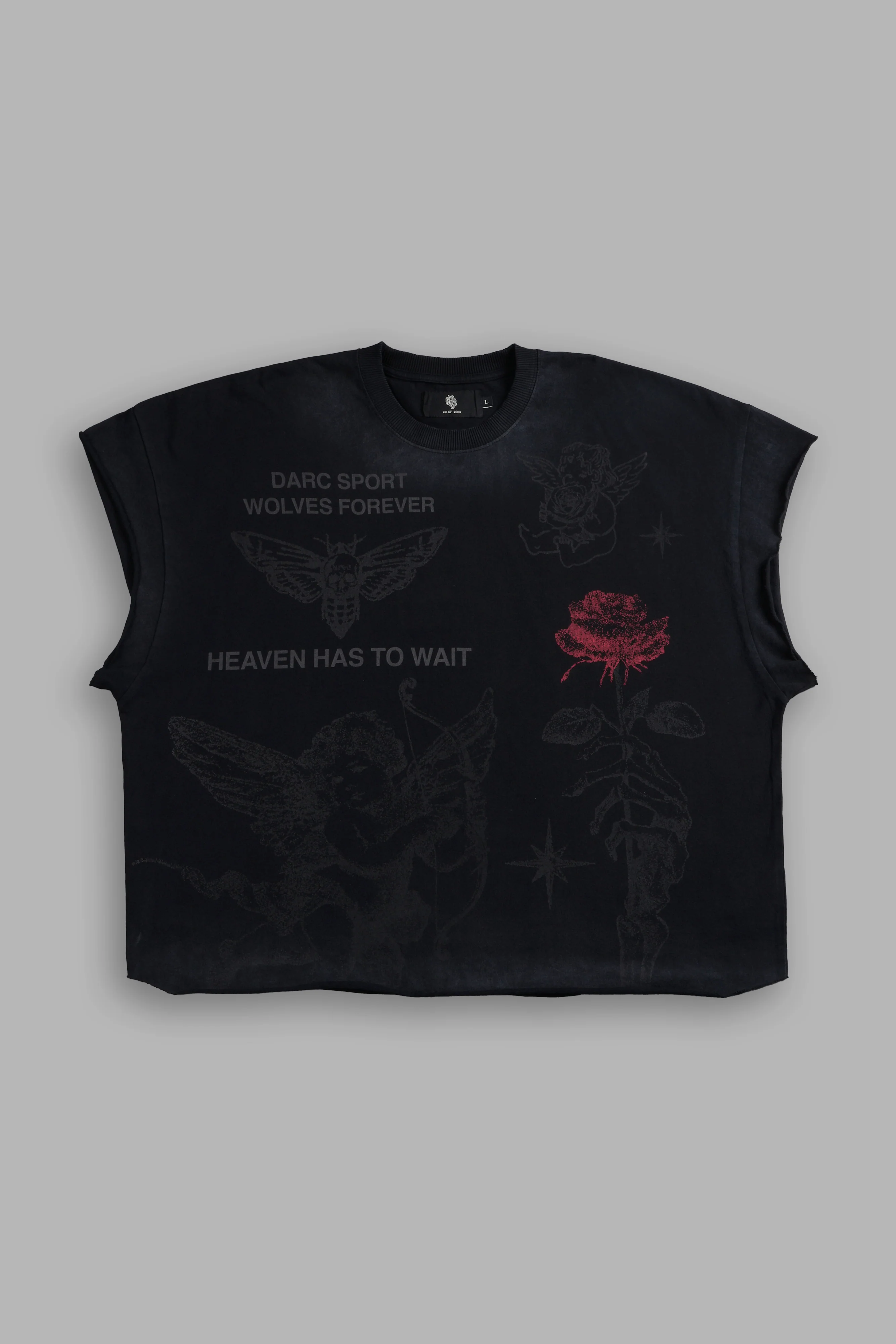 Sacred Flash Grunge Cut-Off Tee in Black Drift Wash