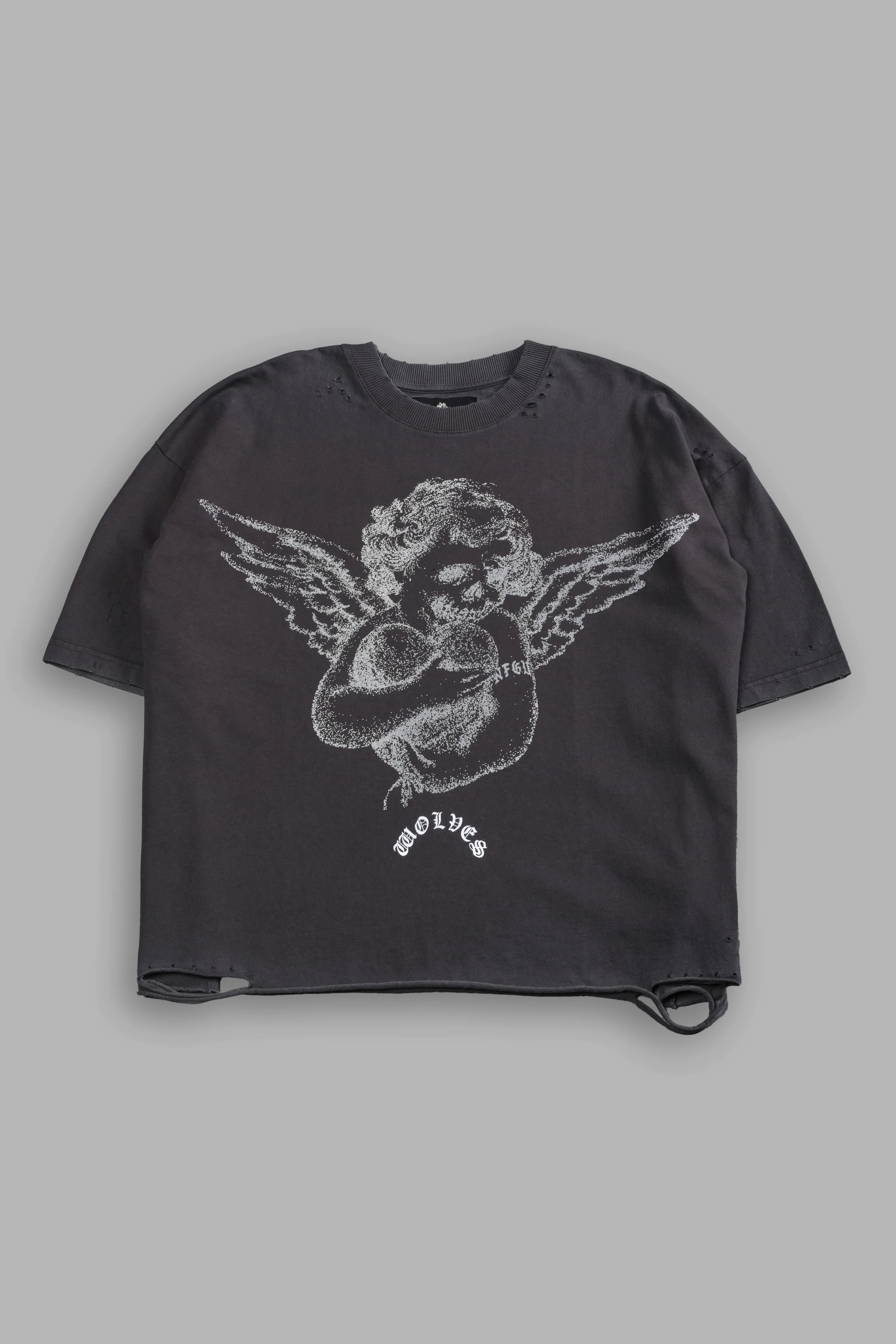 Shielded Heart Distressed Grunge "Box Cut" Tee V2 in Wolf Gray