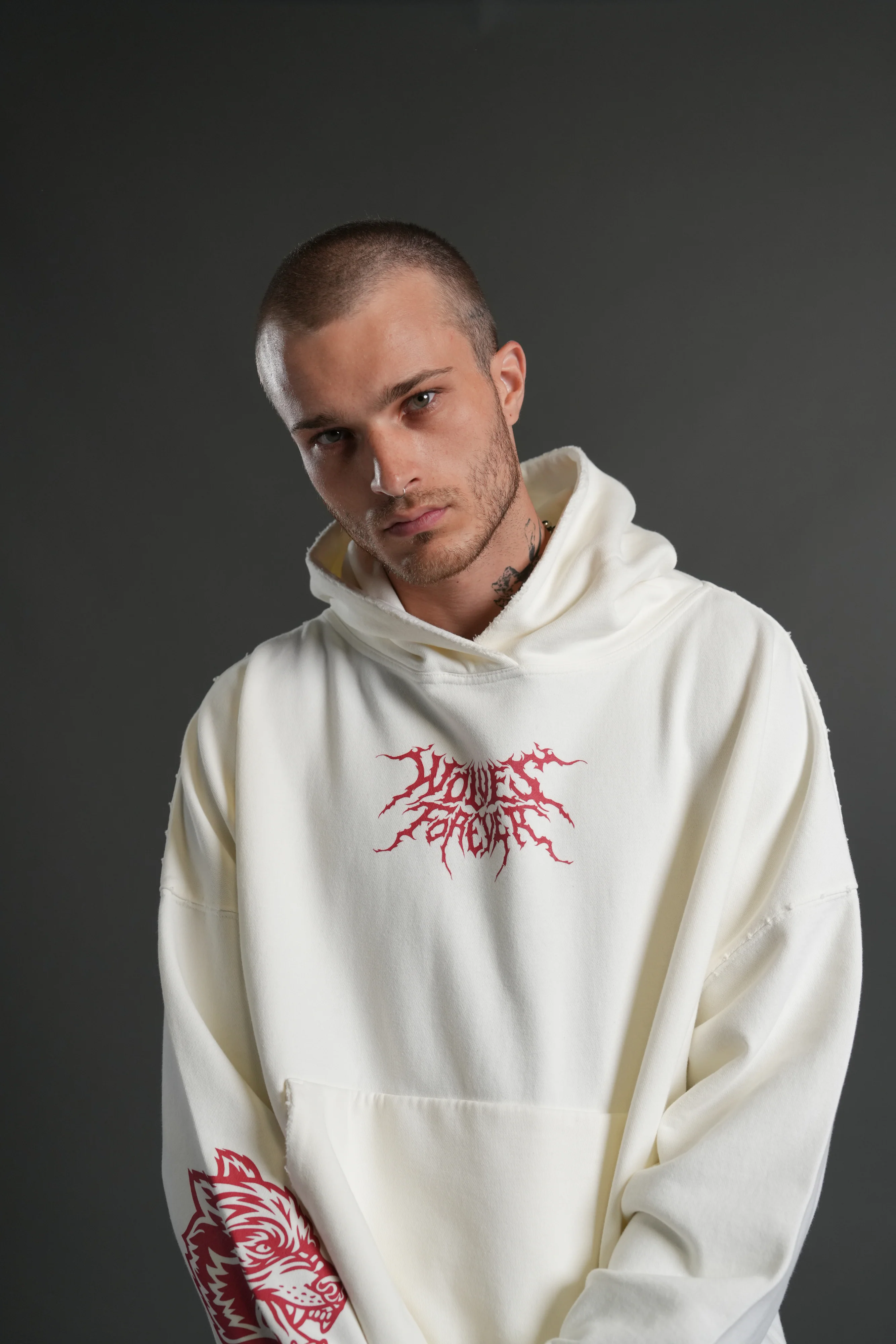 Slasher Destroyed Grunge "Gage Box Cut" Hoodie in Cream - Image 4