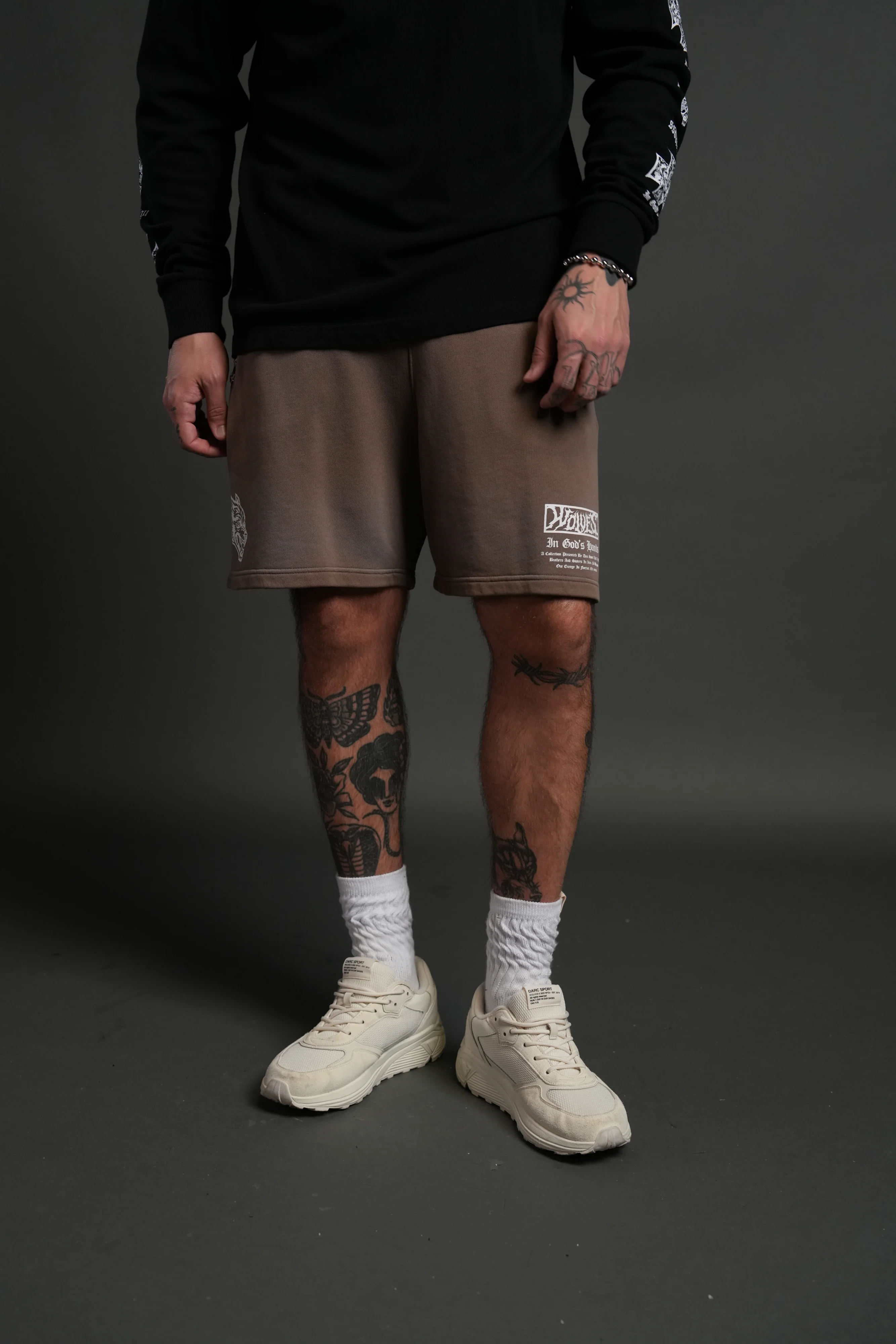Studded Midnight Wolves Oversized Post Lounge Sweat Shorts in Mojave Brown Drift Wash - Image 2