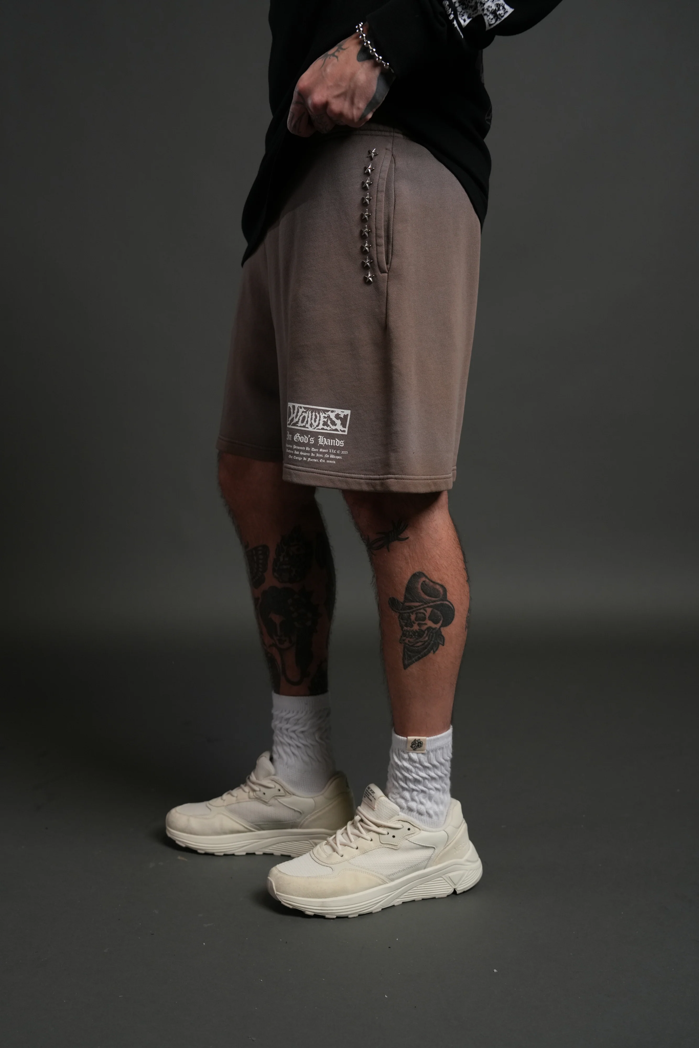 Studded Midnight Wolves Oversized Post Lounge Sweat Shorts in Mojave Brown Drift Wash - Image 4