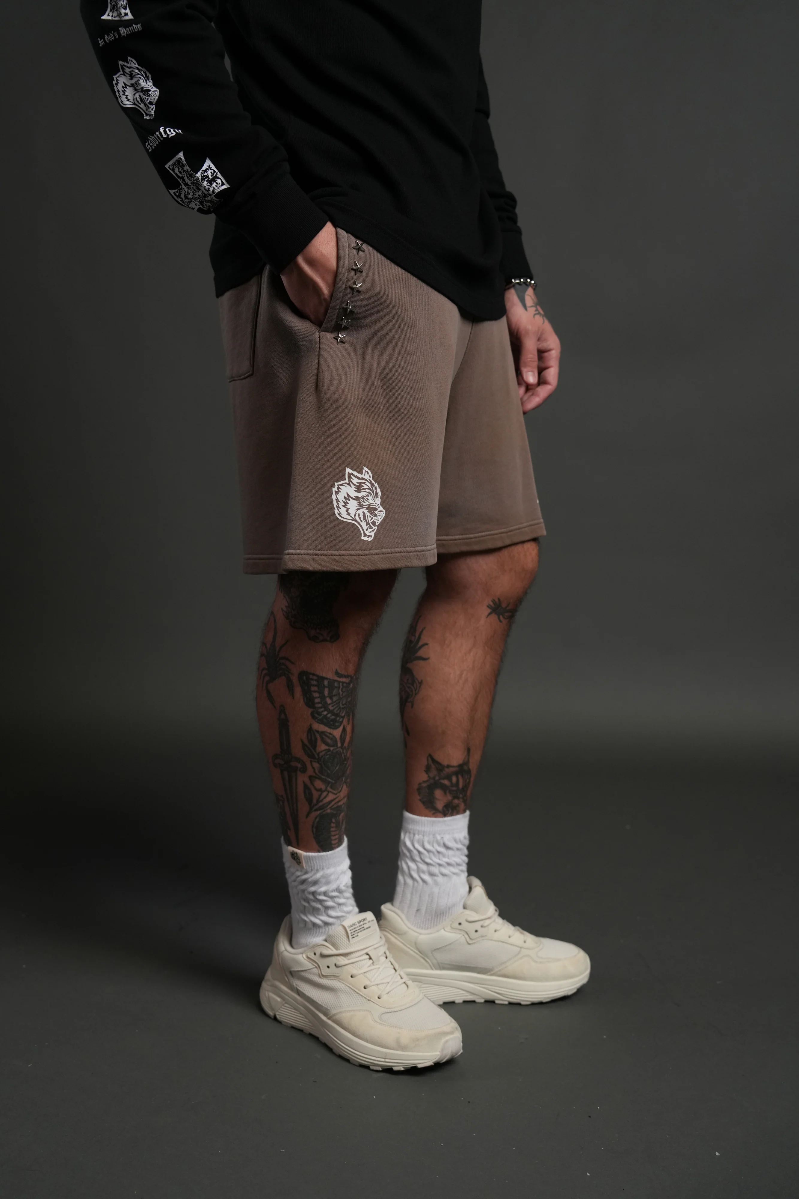 Studded Midnight Wolves Oversized Post Lounge Sweat Shorts in Mojave Brown Drift Wash - Image 5
