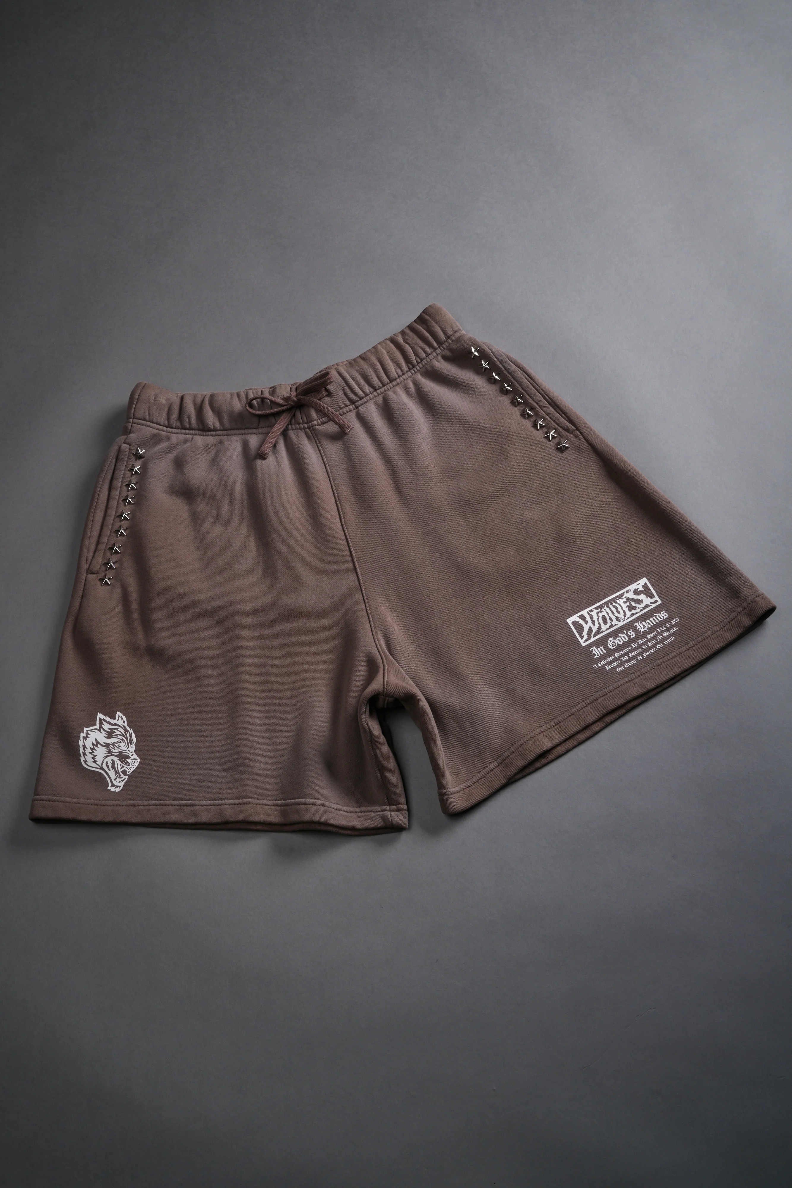 Studded Midnight Wolves Oversized Post Lounge Sweat Shorts in Mojave Brown Drift Wash - Image 6
