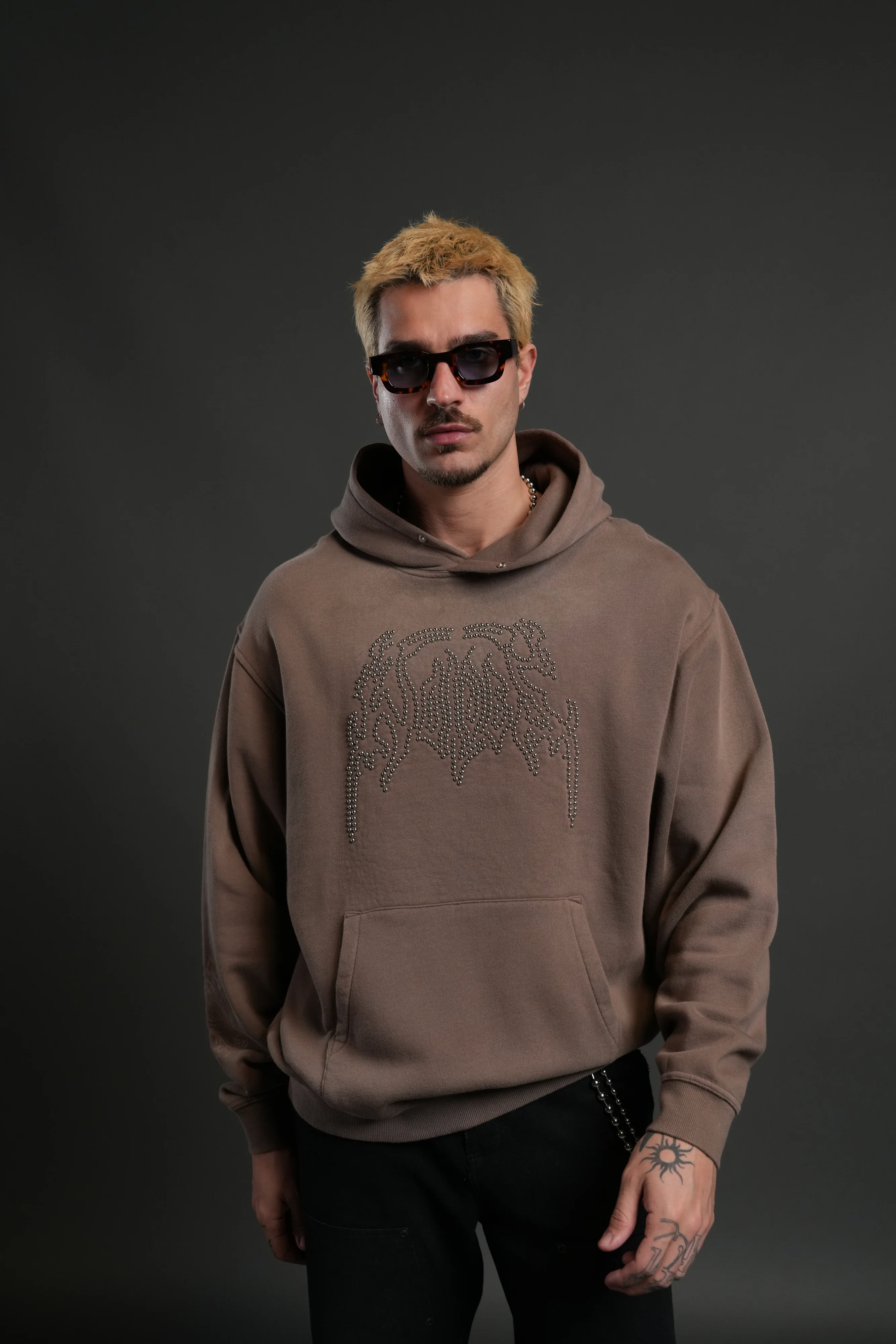 Studded Respect Unisex "Pierce" Hoodie in Mojave Brown Drift Wash - Image 3
