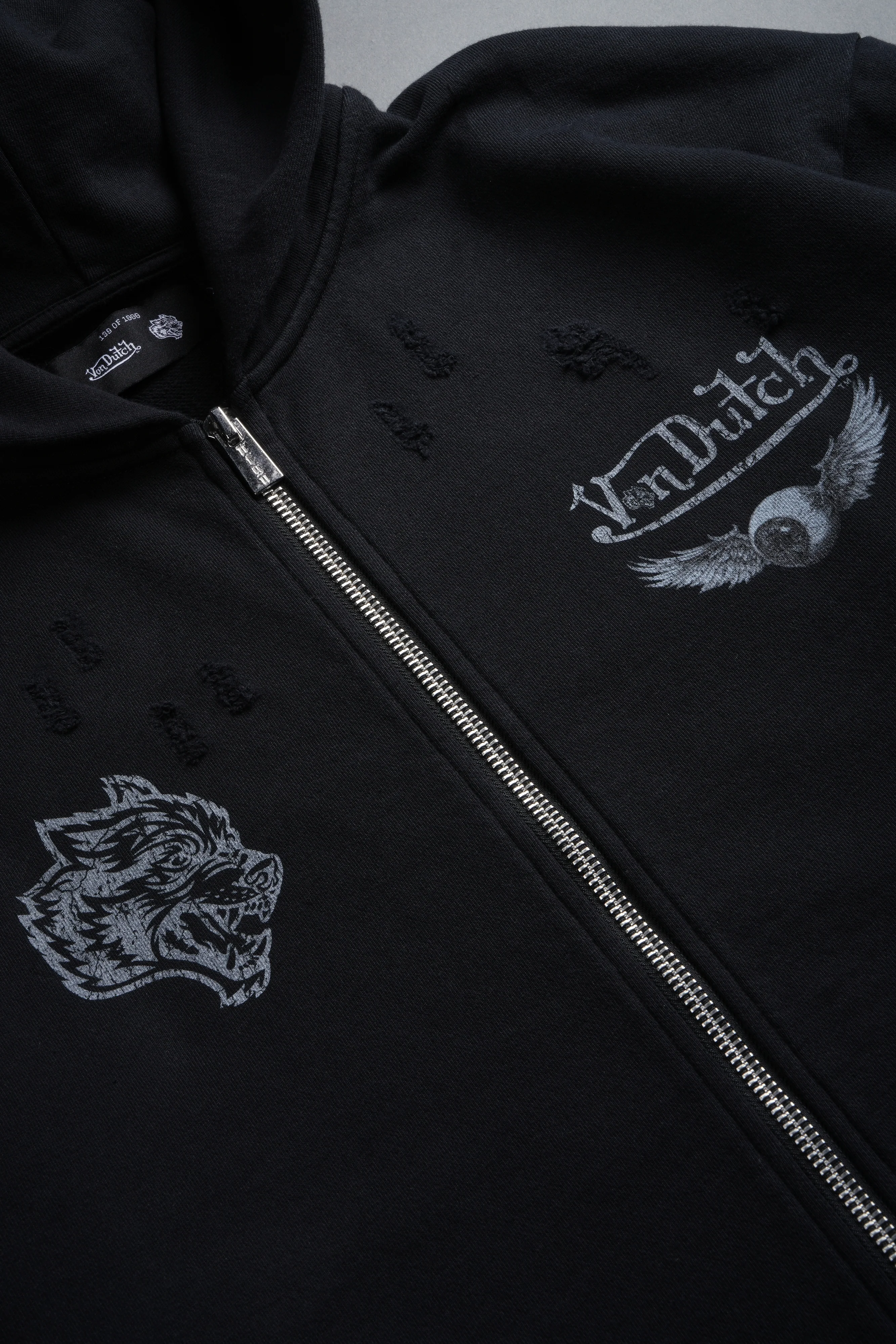 Take-Off Distressed Grunge Mid Length Raw Hem Zip Hoodie in Black - Image 10