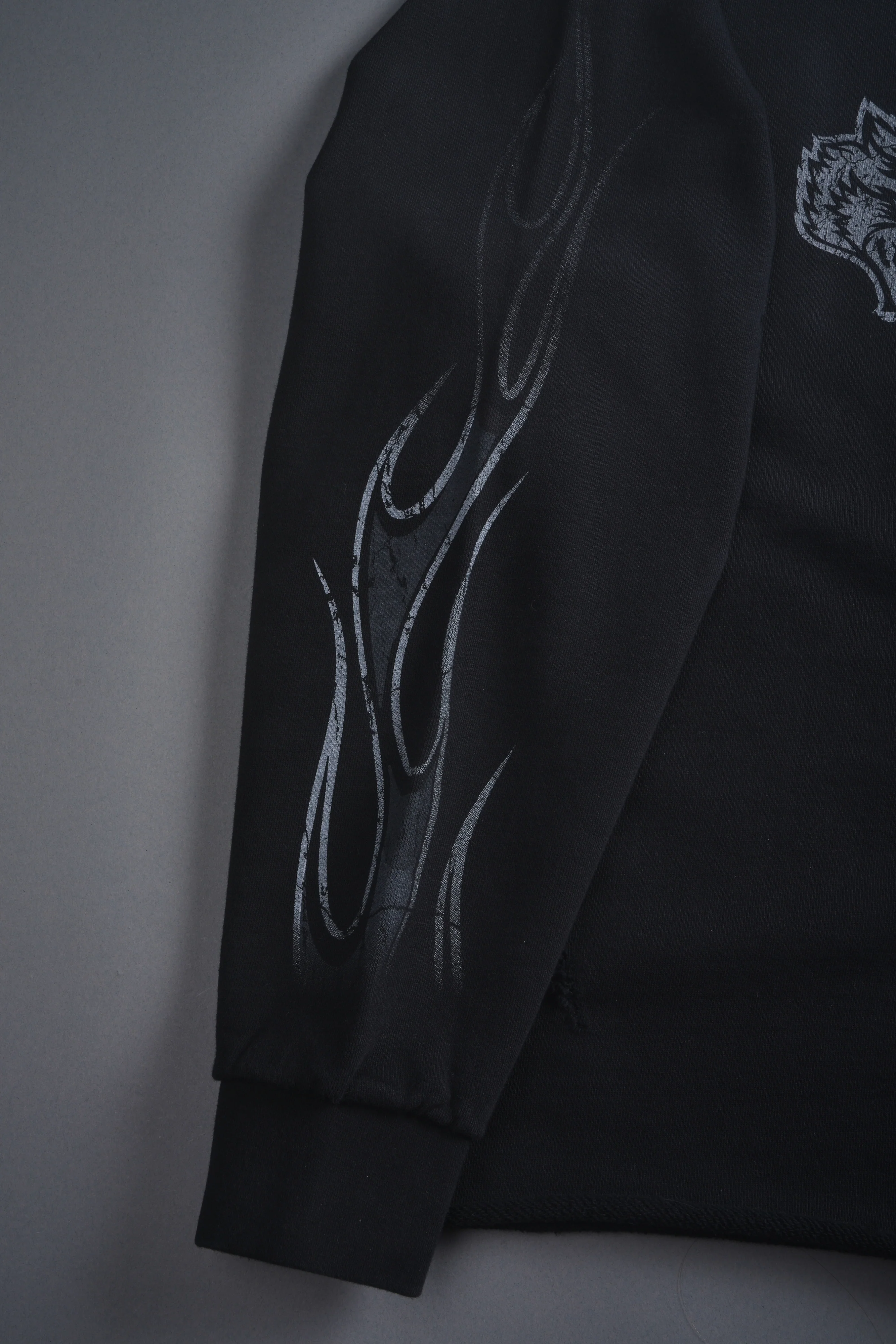 Take-Off Distressed Grunge Mid Length Raw Hem Zip Hoodie in Black - Image 9