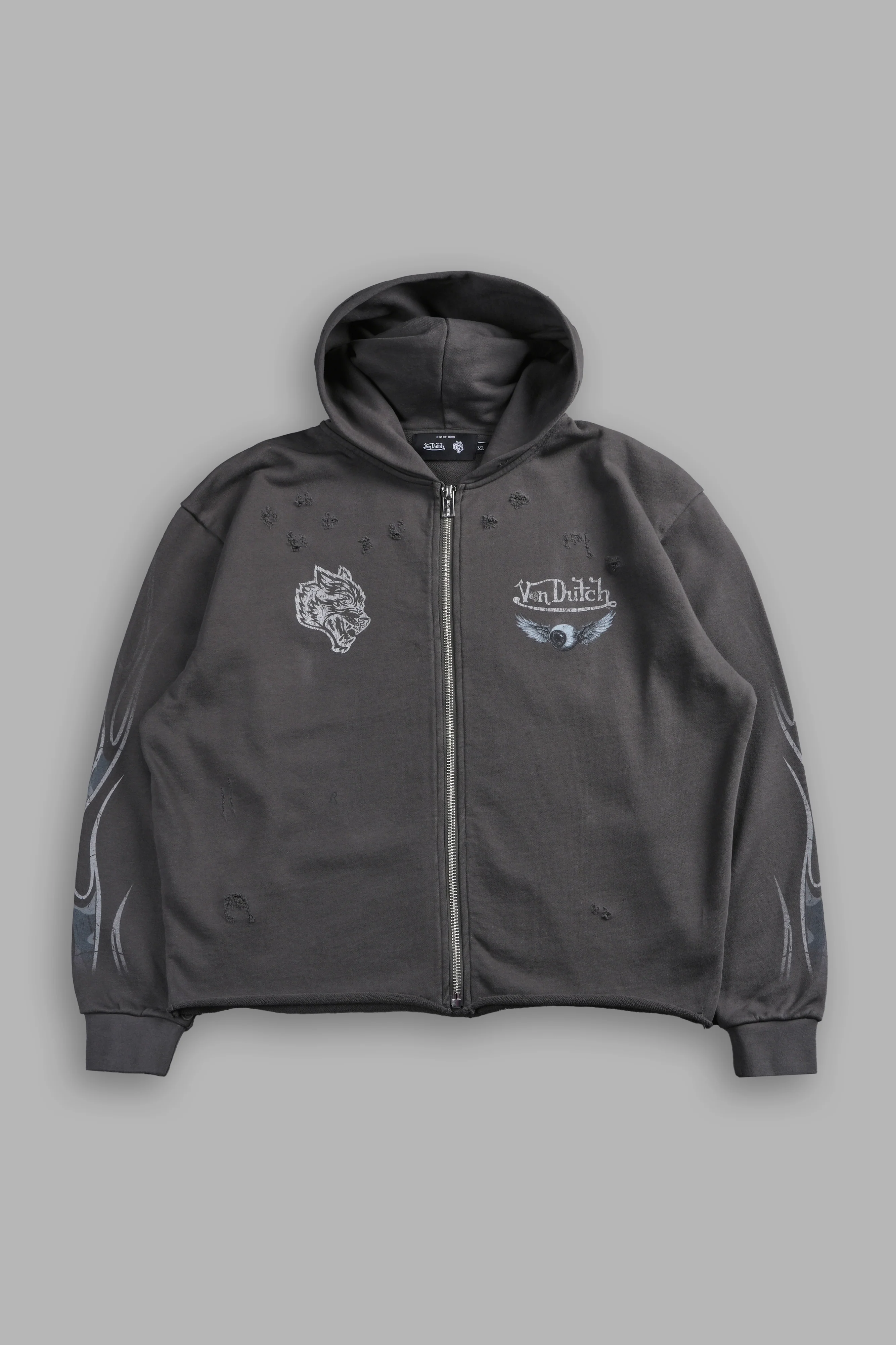 Take-Off Distressed Grunge Mid Length Raw Hem Zip Hoodie in Wolf Gray - Image 3