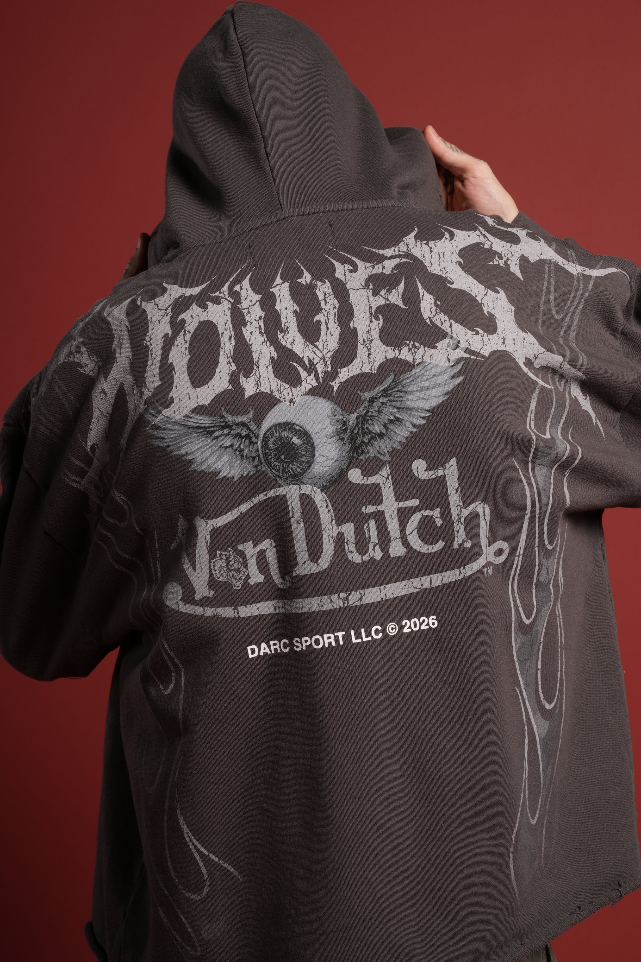 Take-Off Distressed Grunge Mid Length Raw Hem Zip Hoodie in Wolf Gray - Image 8
