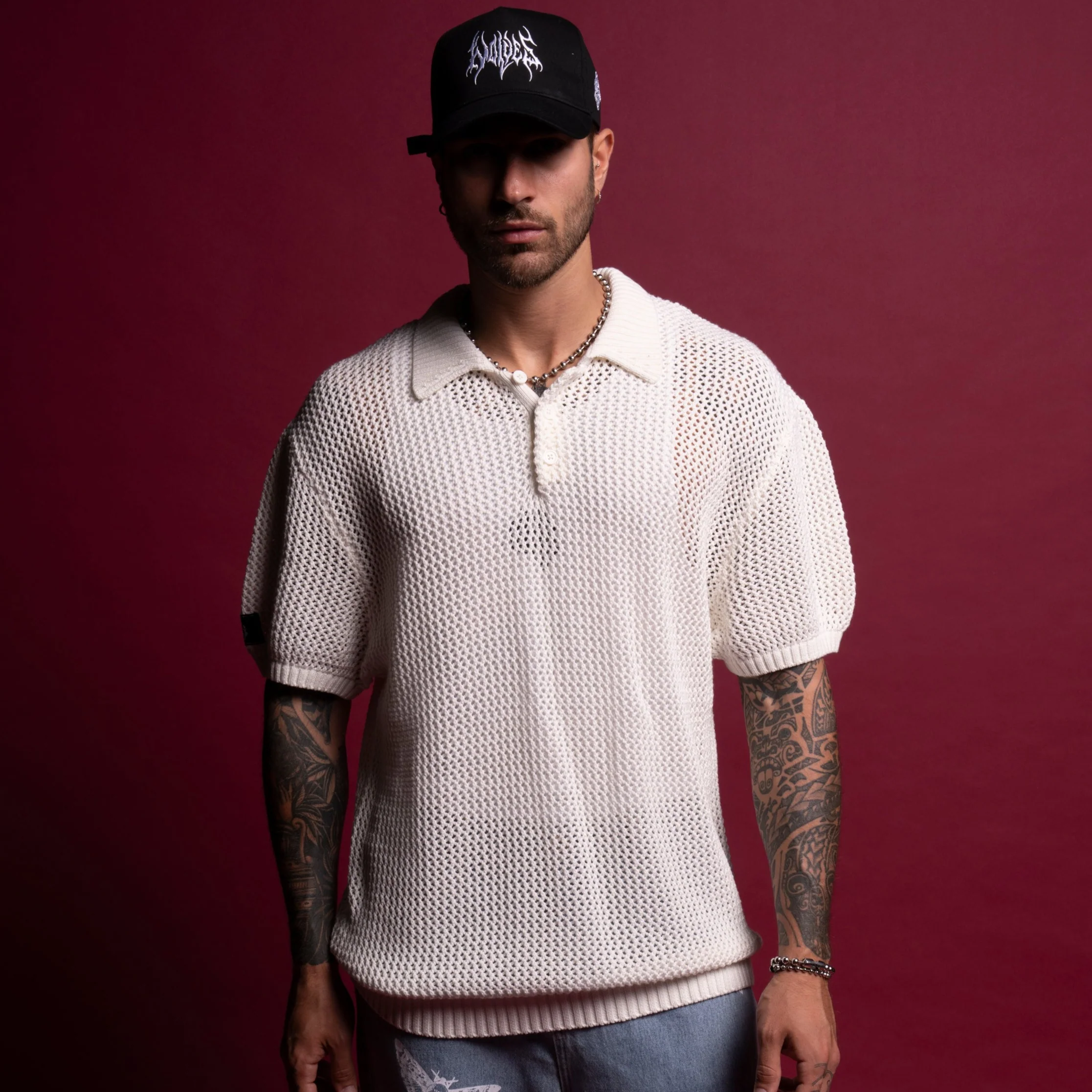 Wolf Patch Claude Knit Polo in Cream - Image 3