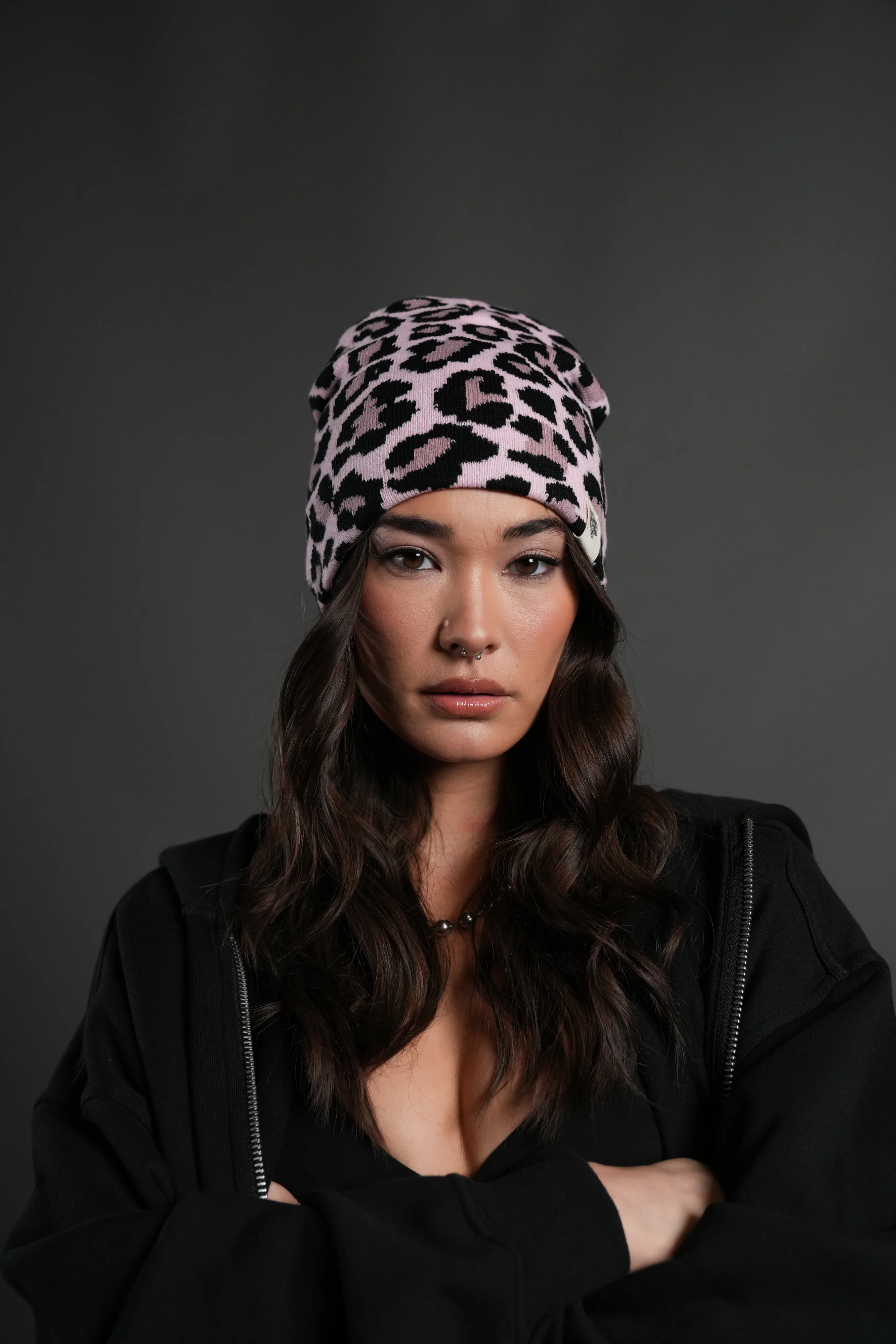 Wolf Patch V2 Cap Beanie in Cloud Pink Leopard - Image 2