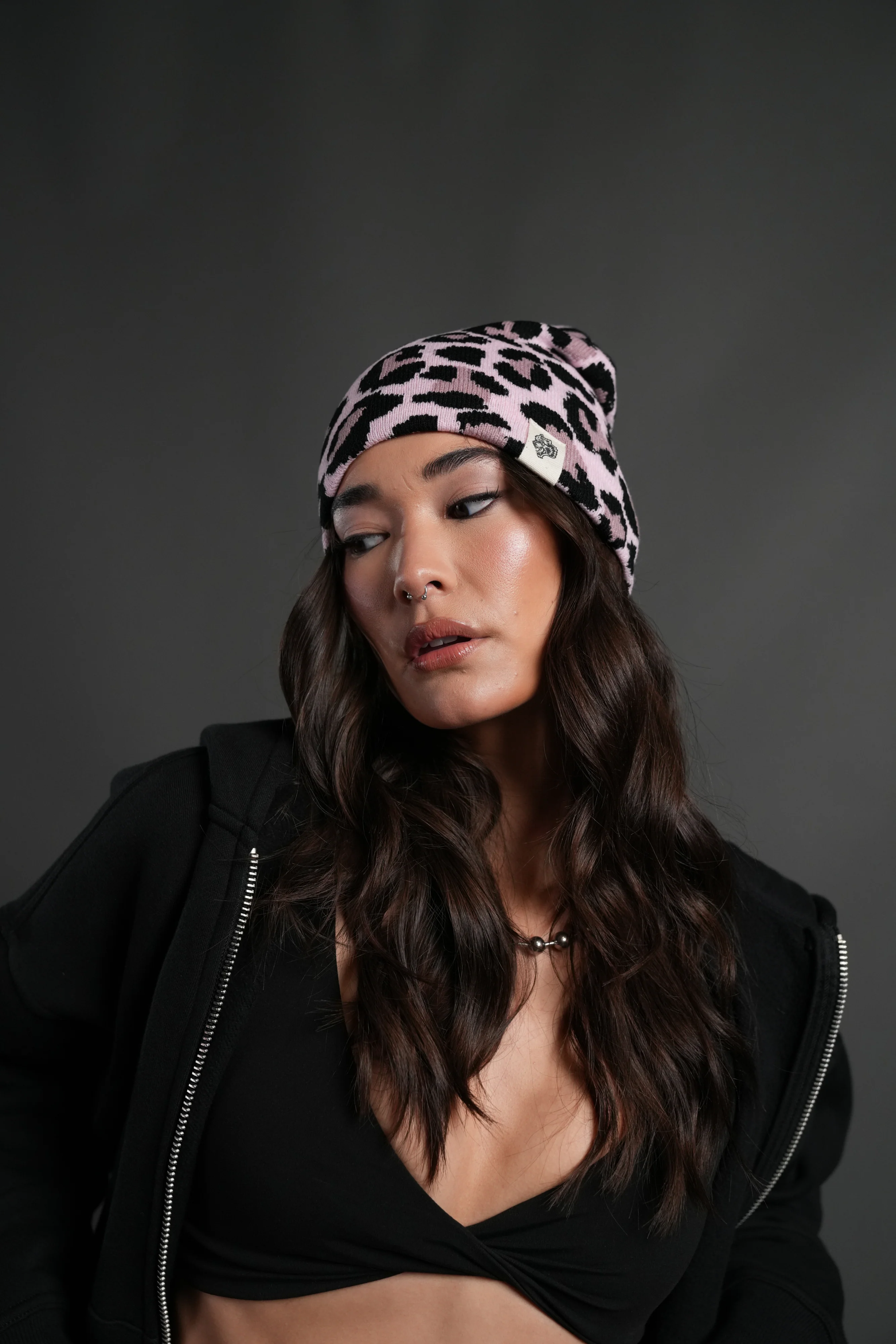 Wolf Patch V2 Cap Beanie in Cloud Pink Leopard - Image 4
