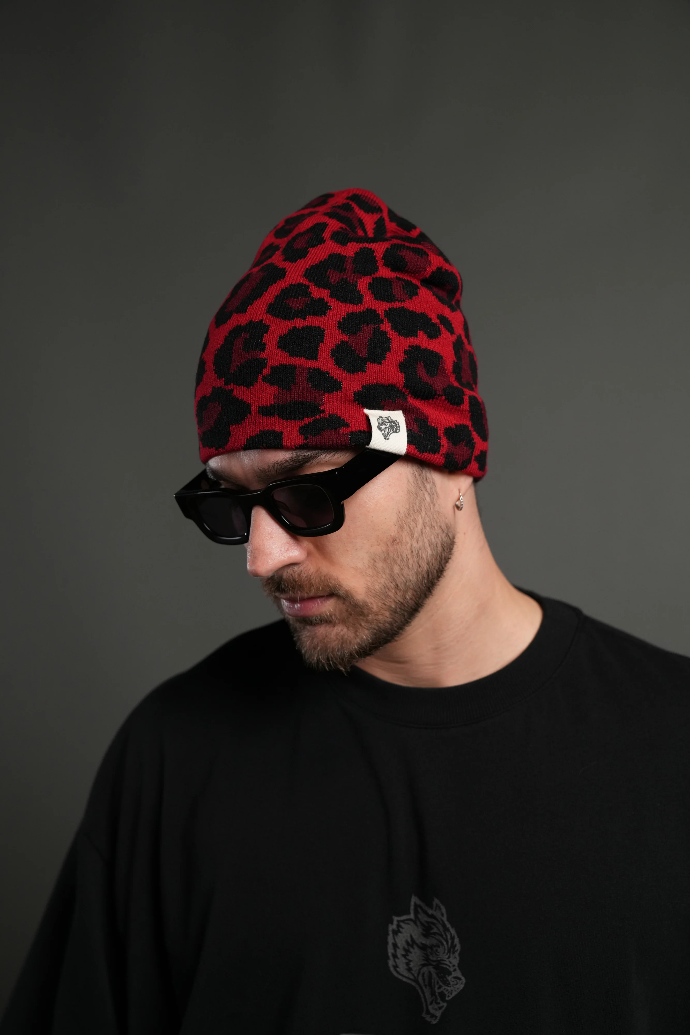 Wolf Patch V2 Cap Beanie in Red Leopard - Image 4