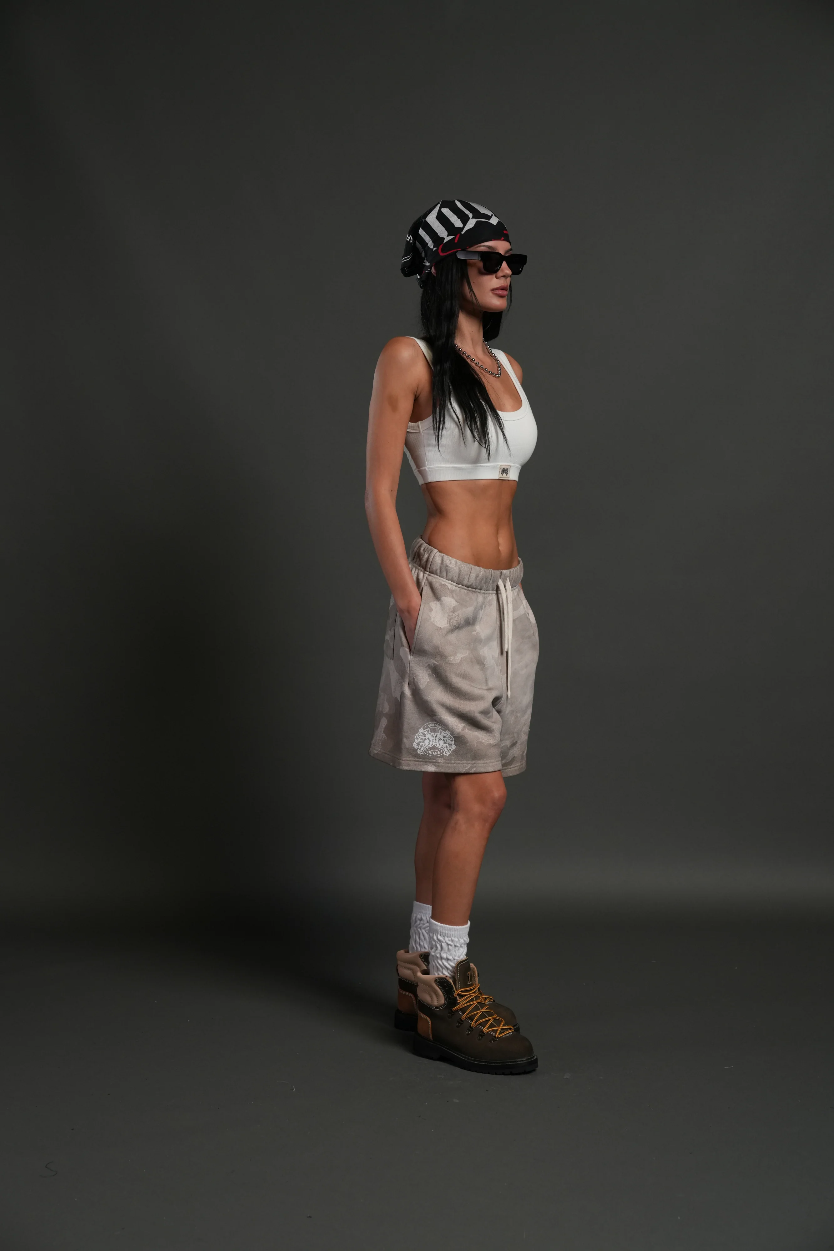 Wolves Club Post Lounge Unisex Sweat Shorts in Clay Vintage Woodland Camo - Image 11