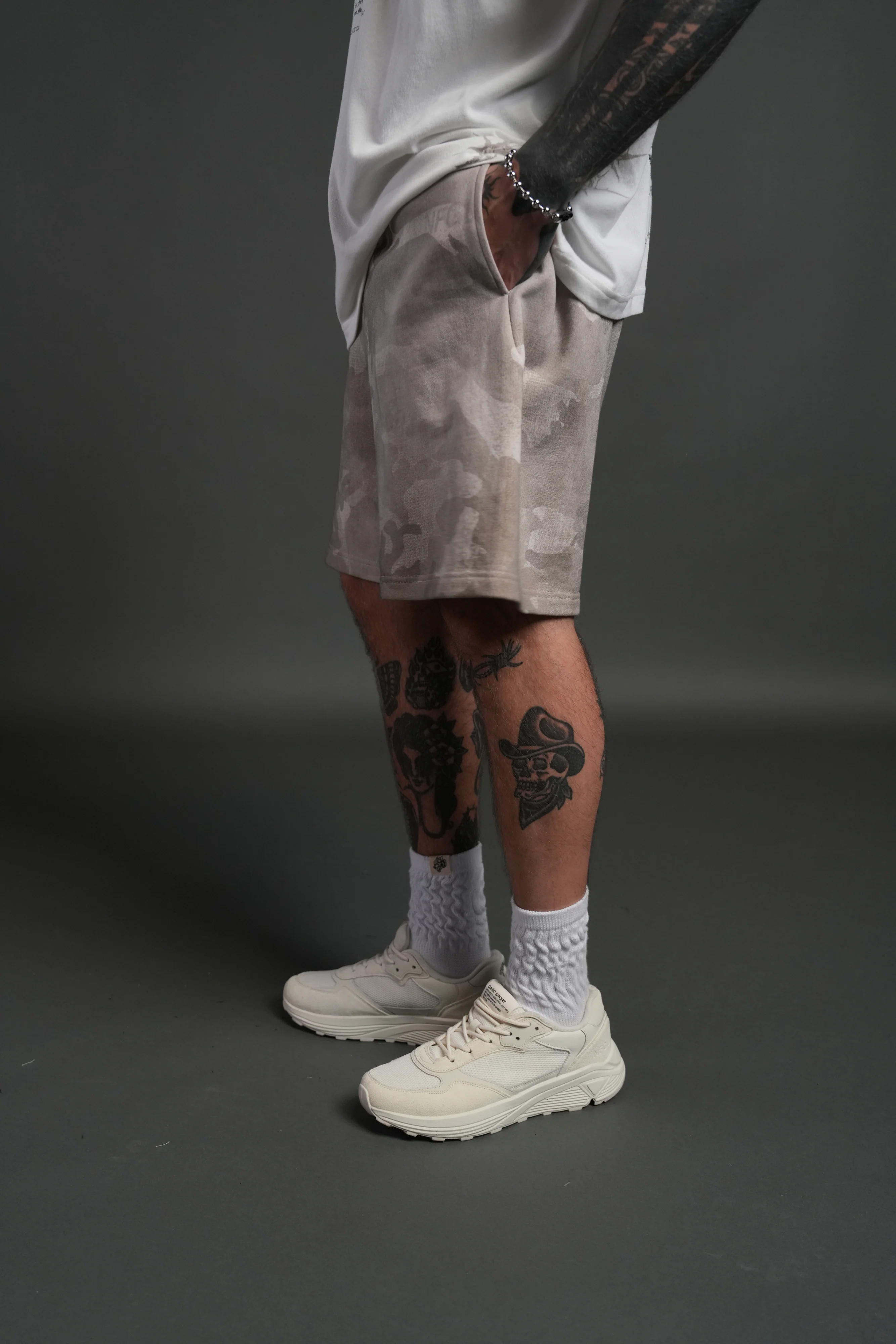 Wolves Club Post Lounge Unisex Sweat Shorts in Clay Vintage Woodland Camo - Image 4