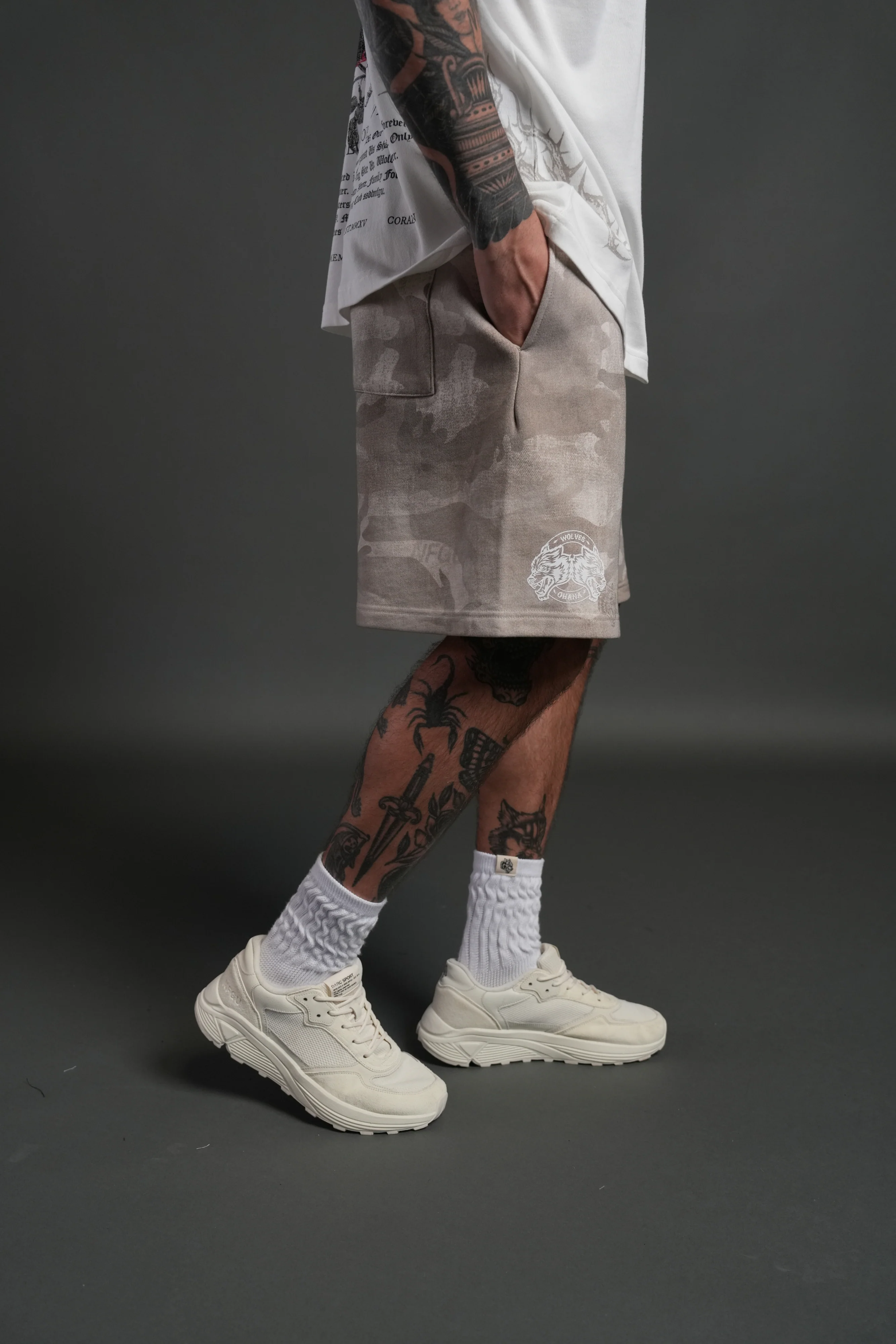 Wolves Club Post Lounge Unisex Sweat Shorts in Clay Vintage Woodland Camo - Image 5