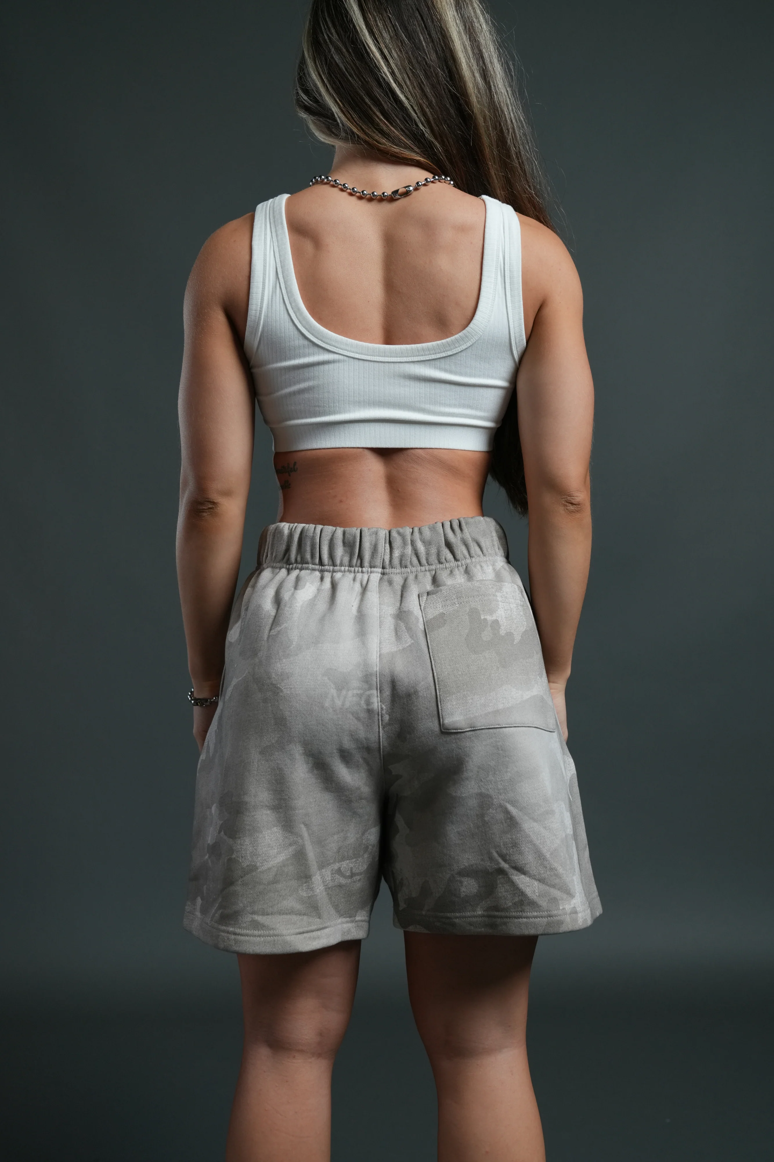 Wolves Club Post Lounge Unisex Sweat Shorts in Clay Vintage Woodland Camo - Image 8