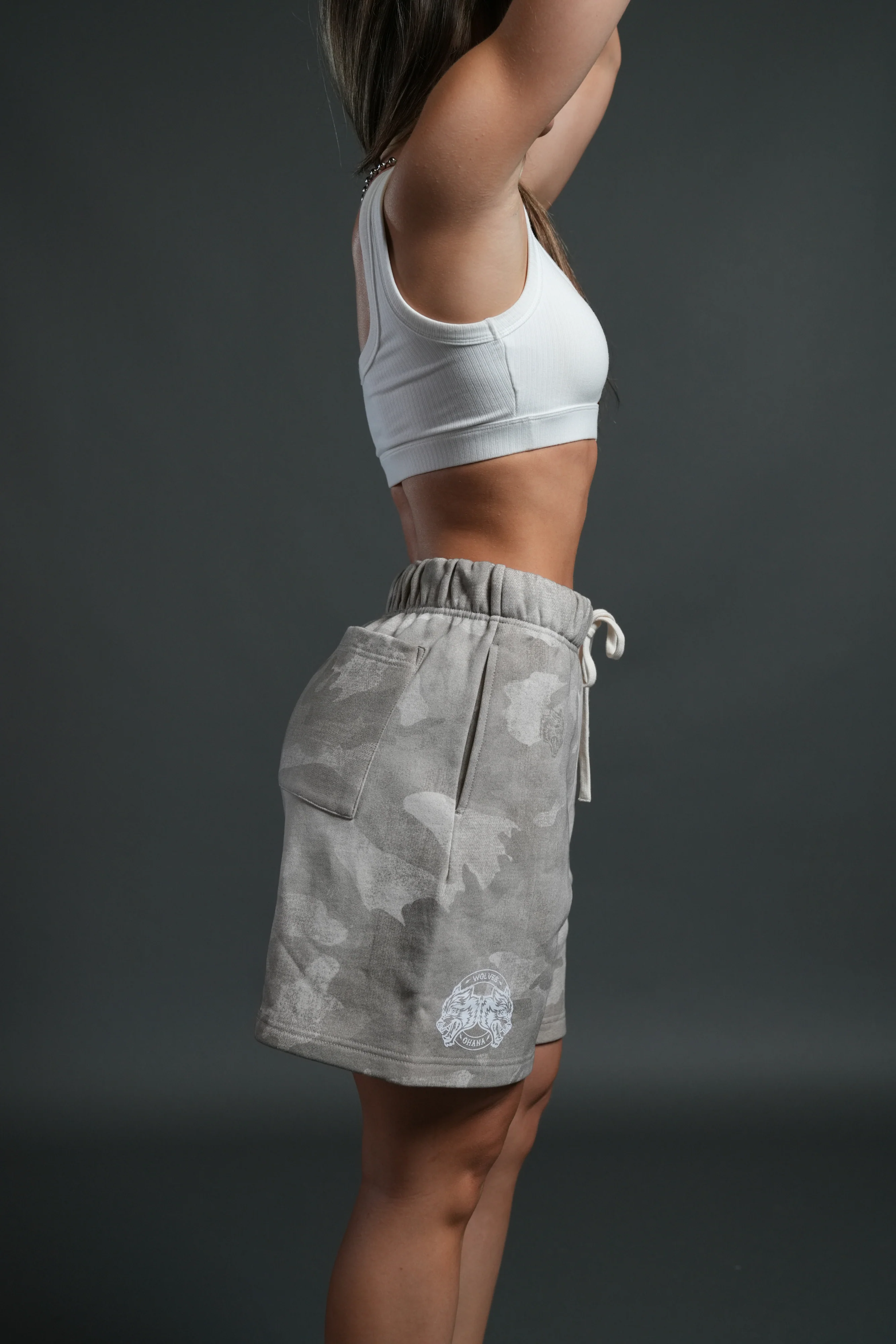 Wolves Club Post Lounge Unisex Sweat Shorts in Clay Vintage Woodland Camo - Image 9
