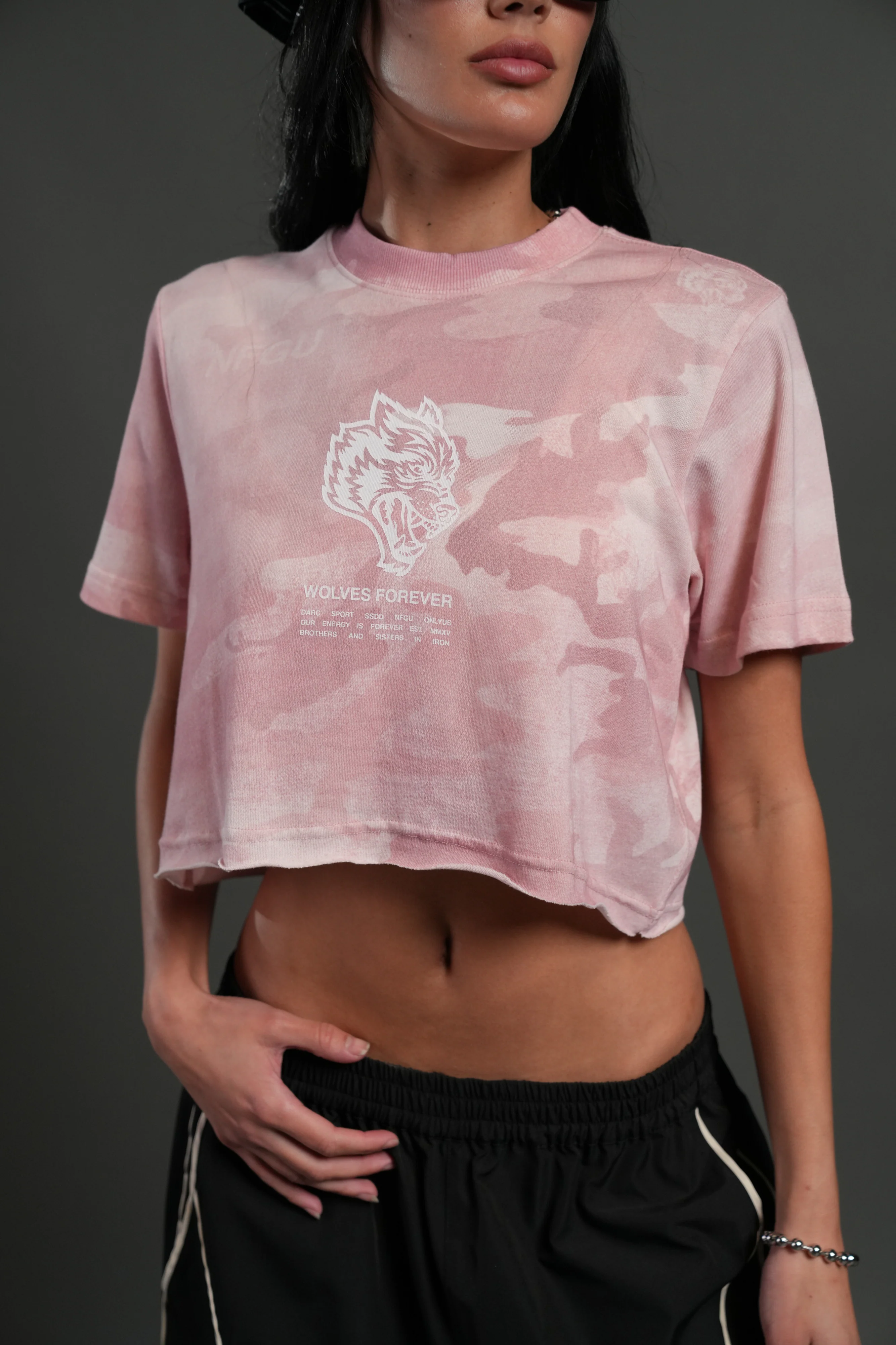 Wolves Have Your Back Premium Oversized Cropped Tee in Blush Vintage Woodland Camo - Image 4