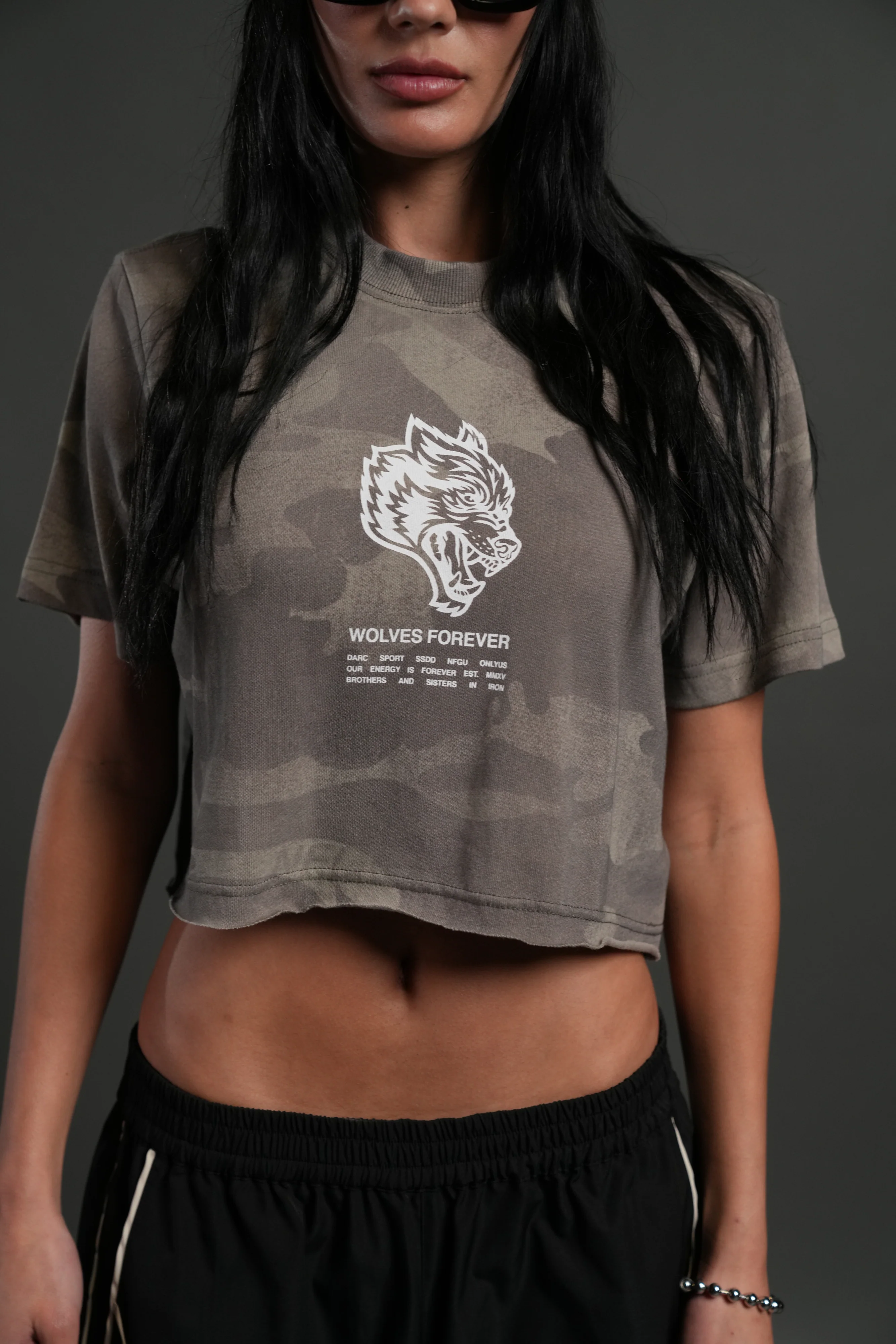 Wolves Have Your Back Premium Oversized Cropped Tee in Lush Vintage Woodland Camo - Image 4