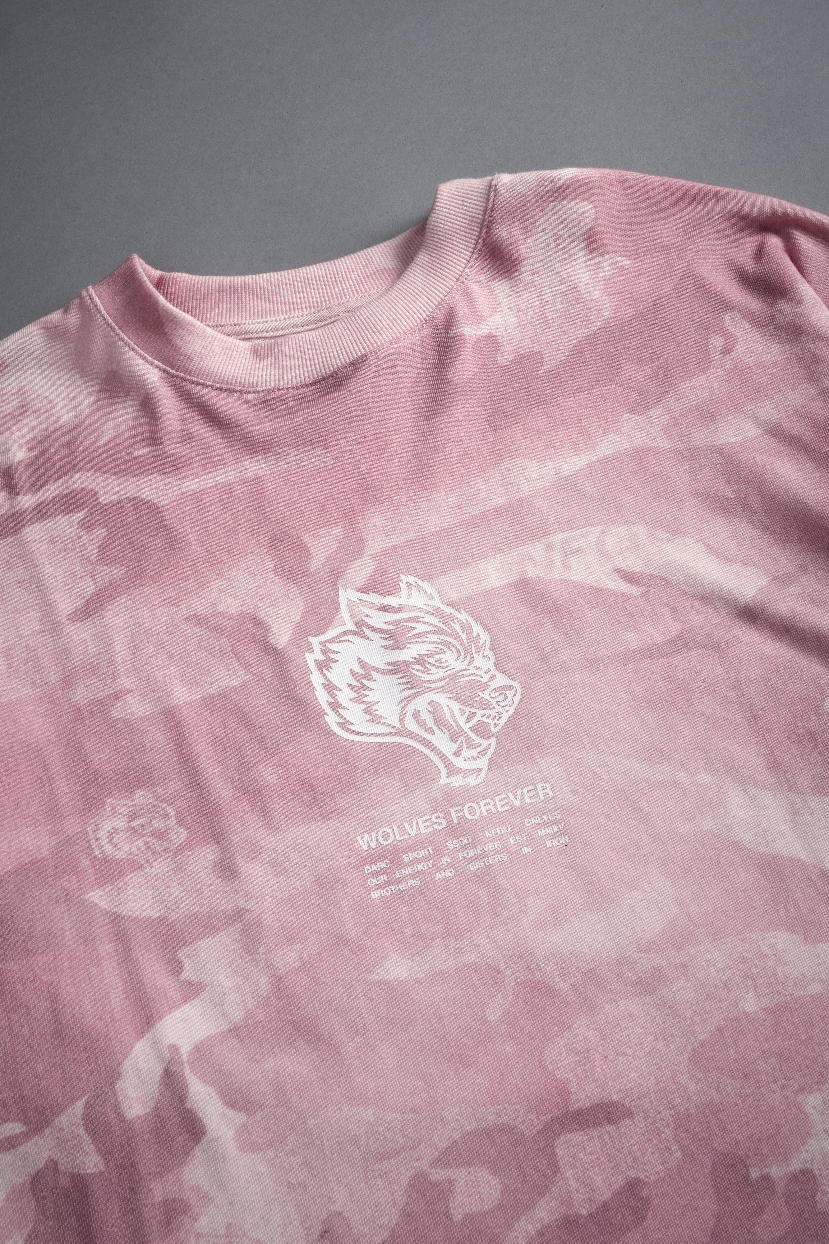 Wolves Have Your Back Unisex "Premium" Oversized Tee in Blush Vintage Woodland Camo - Image 15
