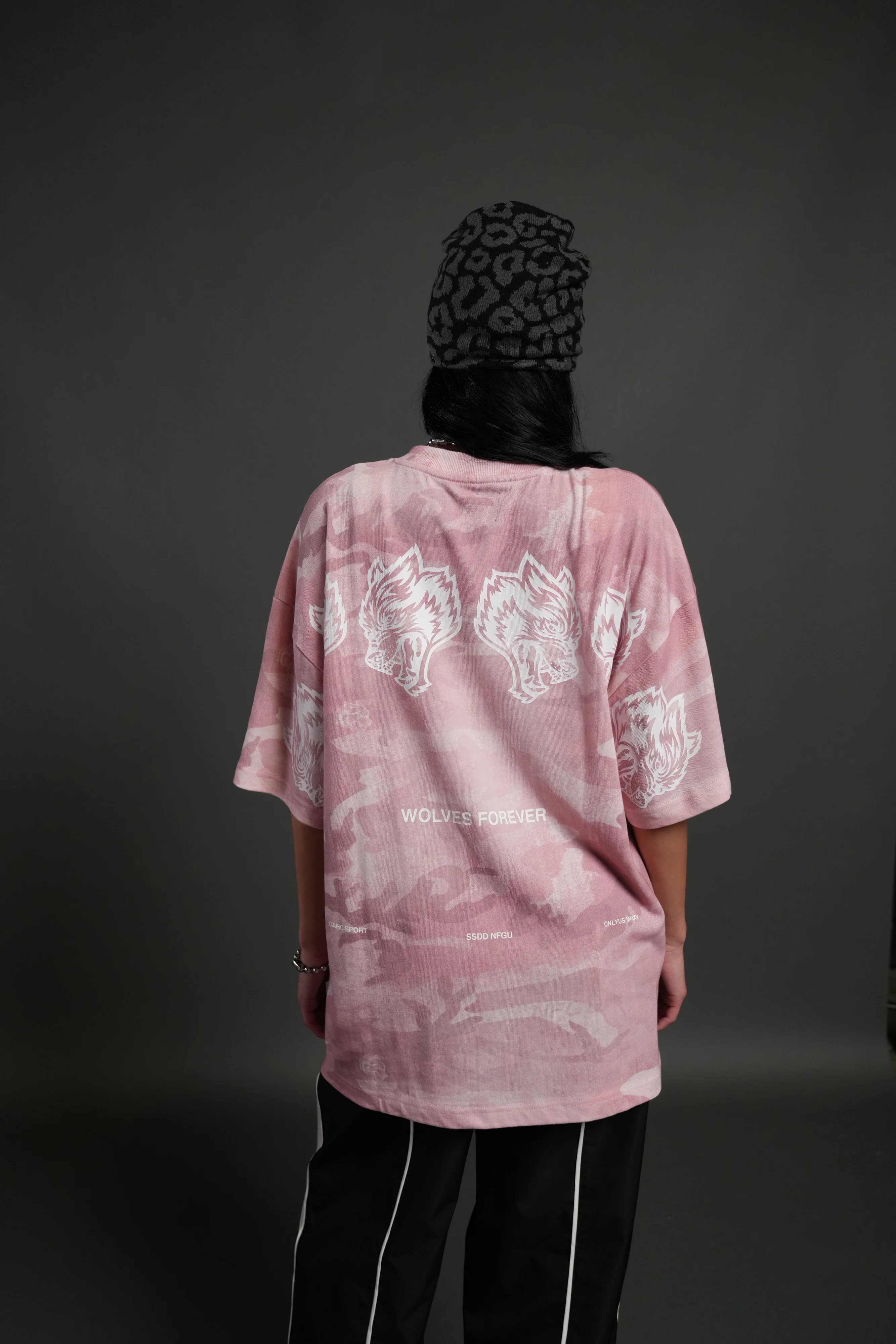 Wolves Have Your Back Unisex "Premium" Oversized Tee in Blush Vintage Woodland Camo - Image 4