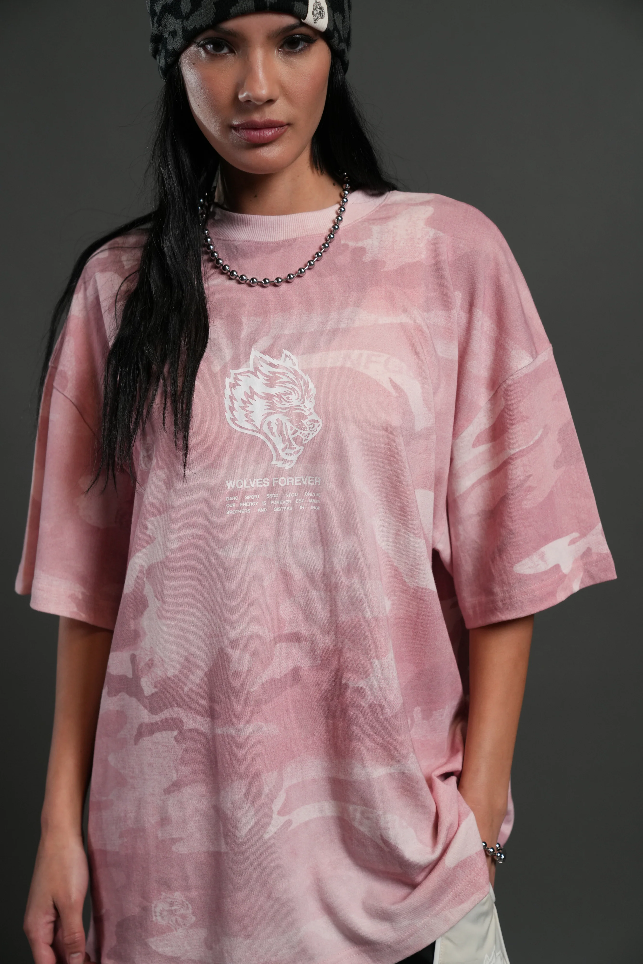 Wolves Have Your Back Unisex "Premium" Oversized Tee in Blush Vintage Woodland Camo - Image 7