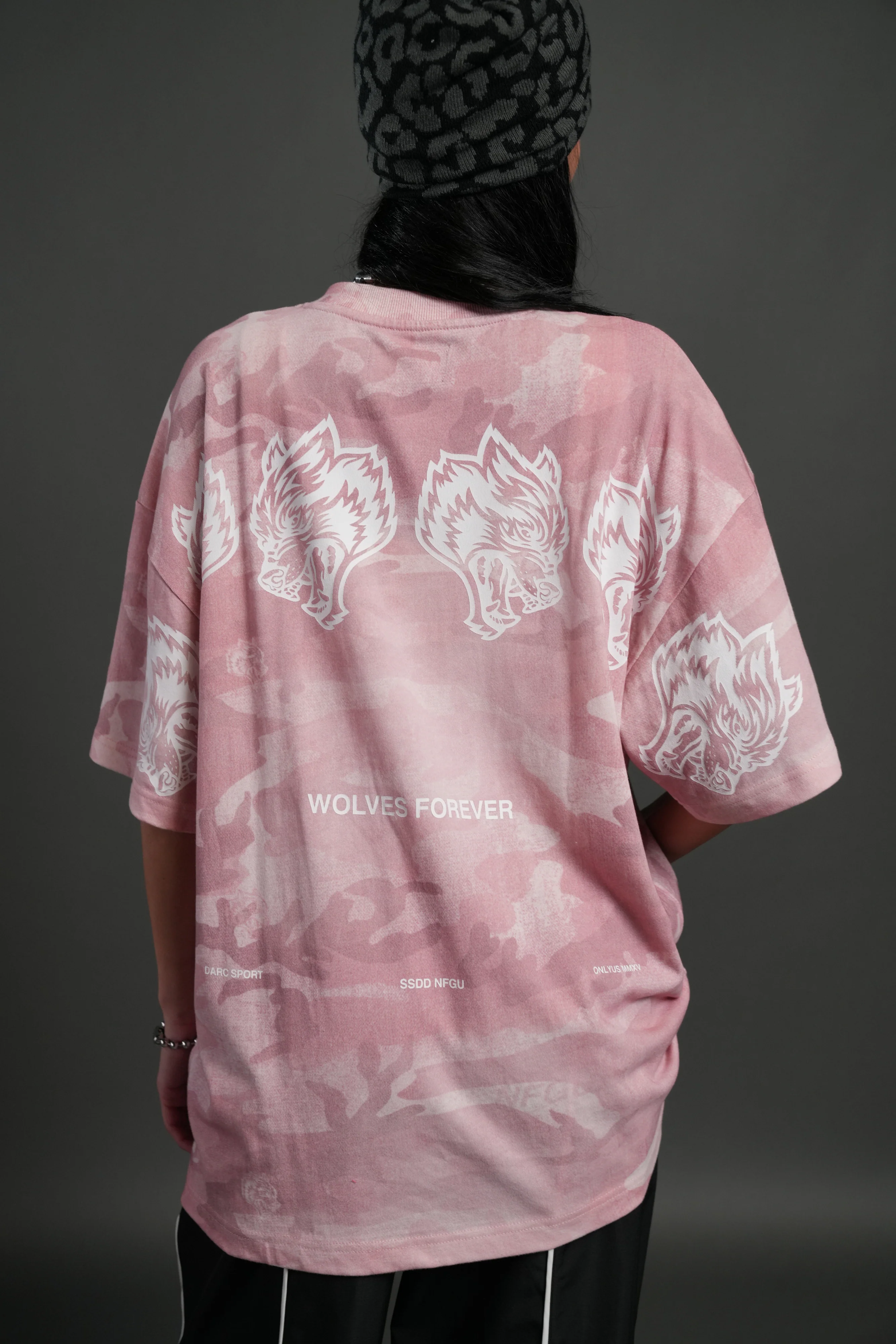 Wolves Have Your Back Unisex "Premium" Oversized Tee in Blush Vintage Woodland Camo - Image 8