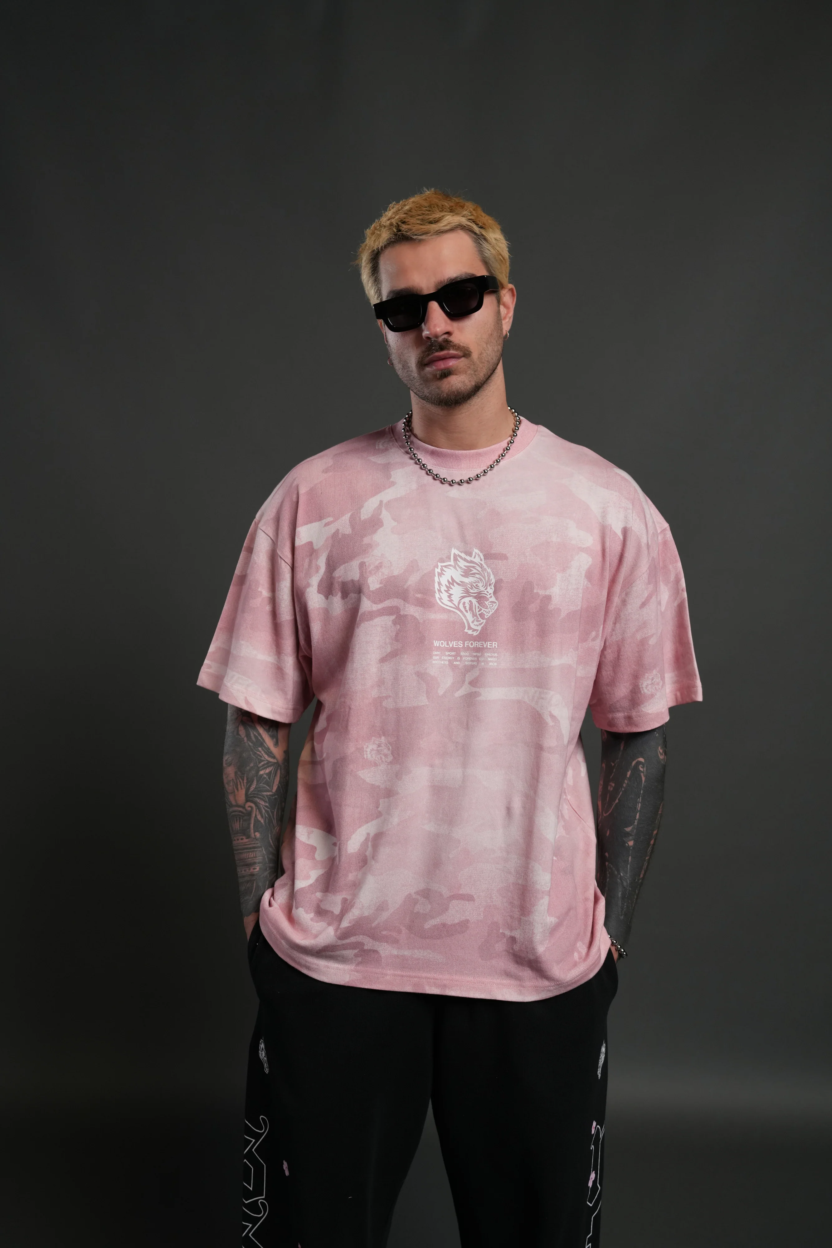 Wolves Have Your Back Unisex "Premium" Oversized Tee in Blush Vintage Woodland Camo - Image 9