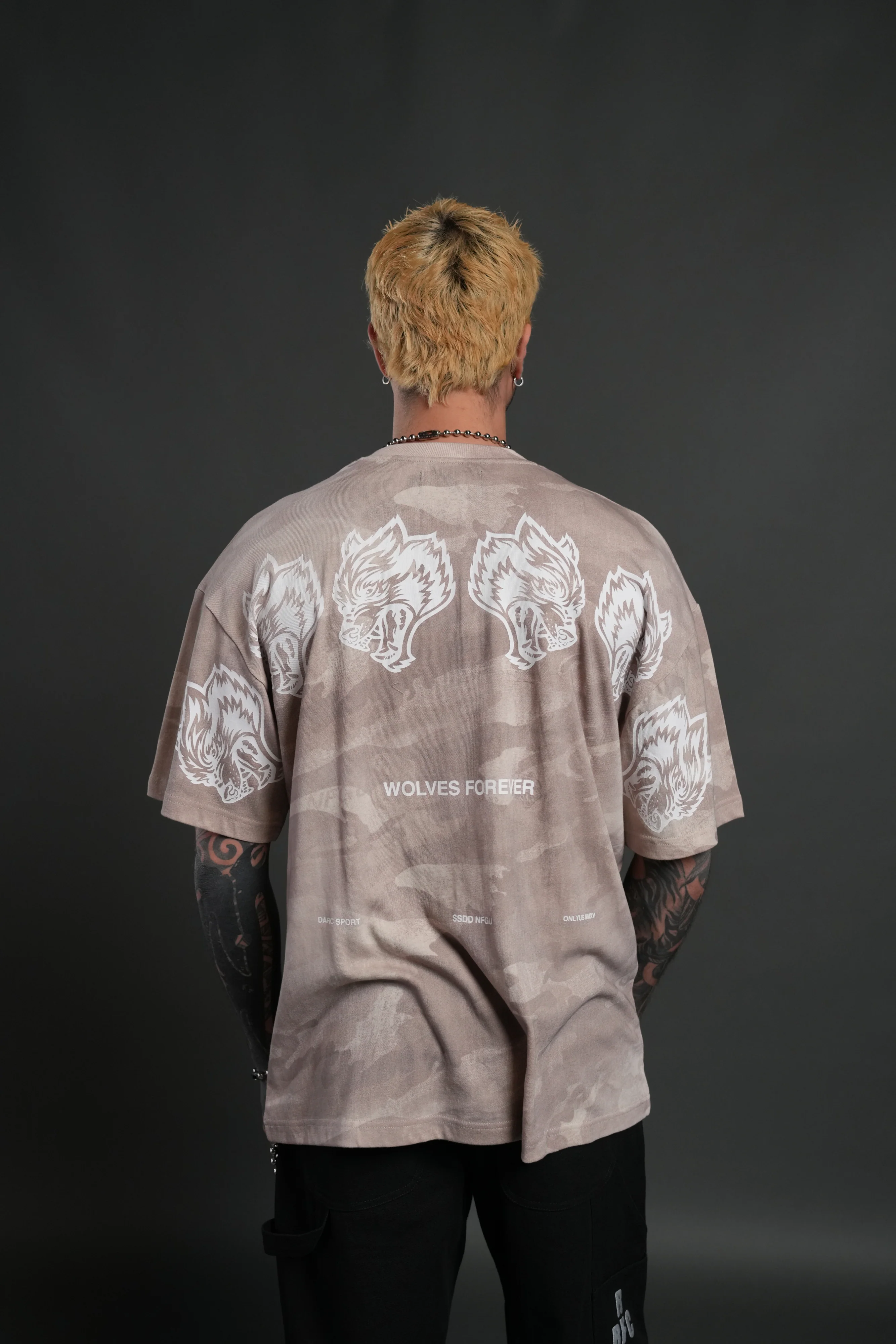 Wolves Have Your Back Unisex "Premium" Oversized Tee in Clay Vintage Woodland Camo - Image 4